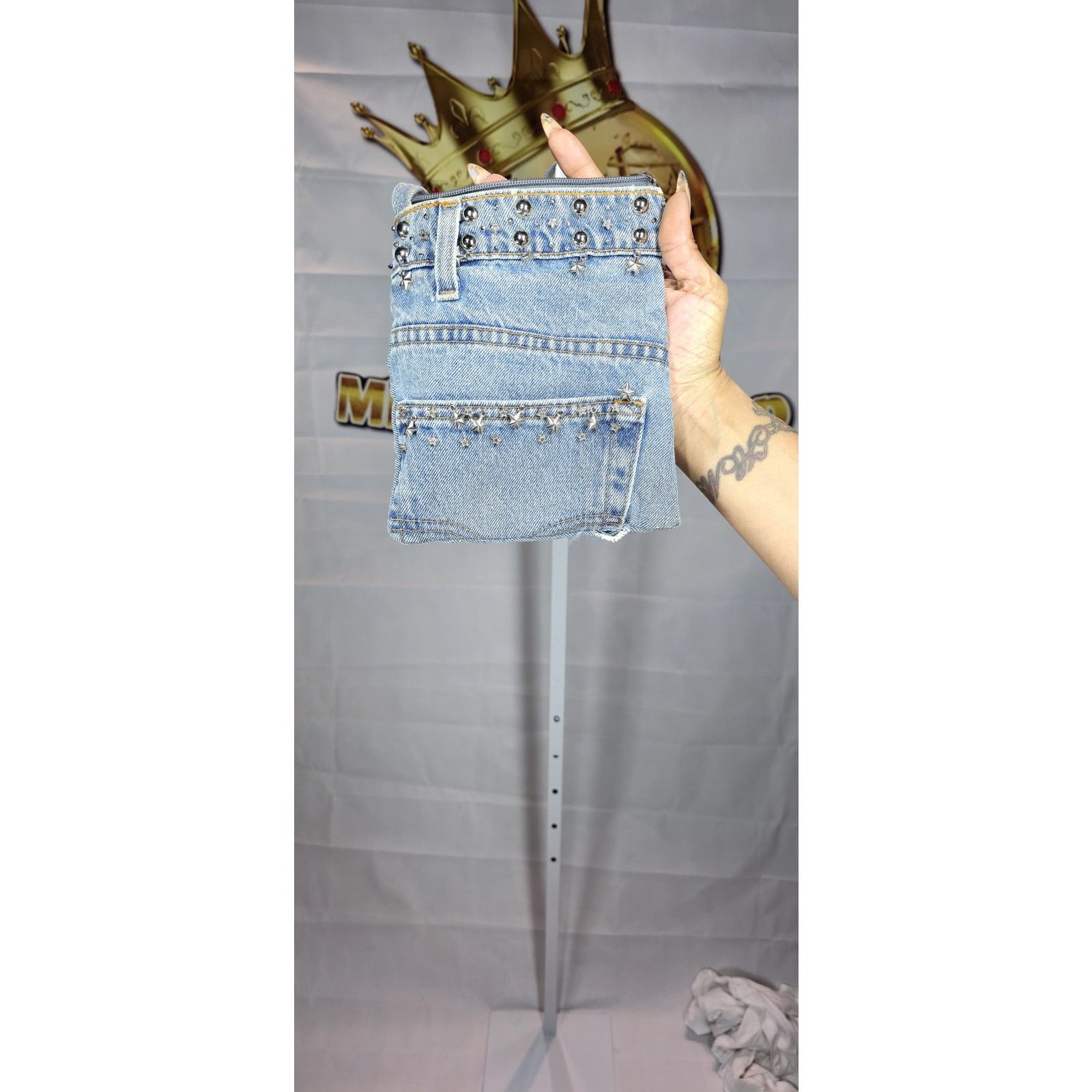 Handmade Handmade Blue Denim Studded Shoulder Bag with Pocket Detail Size ONE SIZE - 2 Thumbnail
