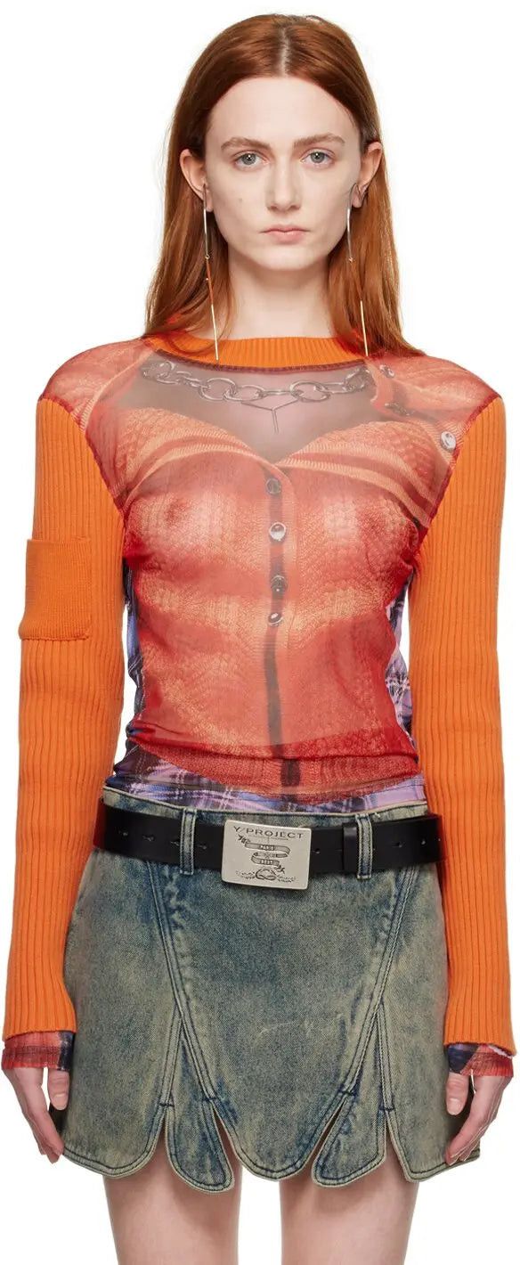 Jean Paul Gaultier × Y/Project Orange Trompe L'oeil Cardigan Print Sweater Size S / US 4 / IT 40 - 2 Thumbnail