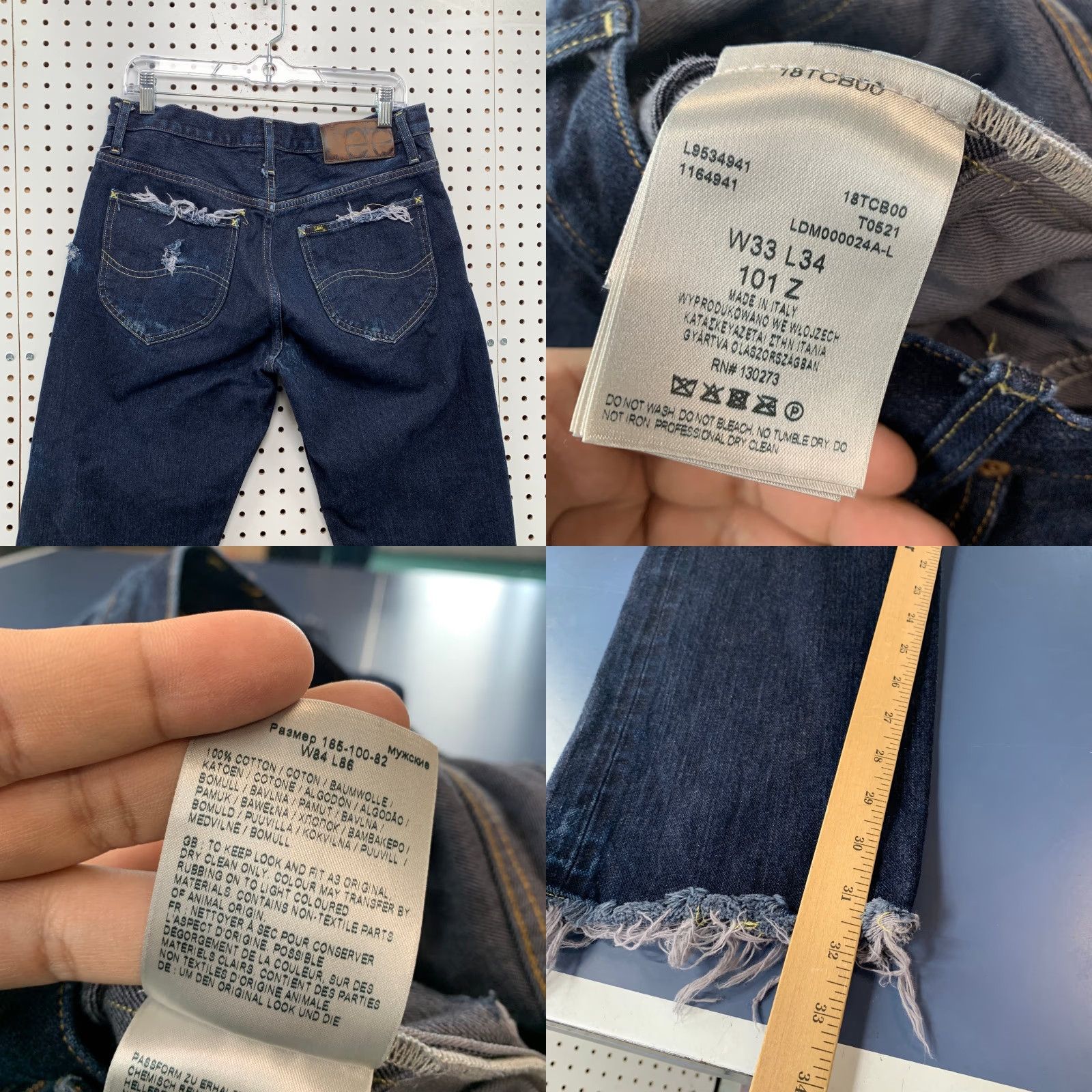 Lee Lee 101 Z Denim Selvedge Jeans Mens 33x30 Japan Indigo Dark Wash Distress Italy Size US 33 - 8 Thumbnail