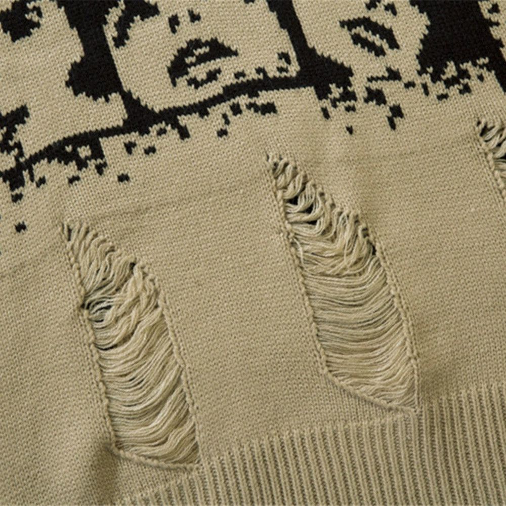 Vintage Men's face print round neck loose ripped sweater Size US M / EU 48-50 / 2 - 5 Thumbnail