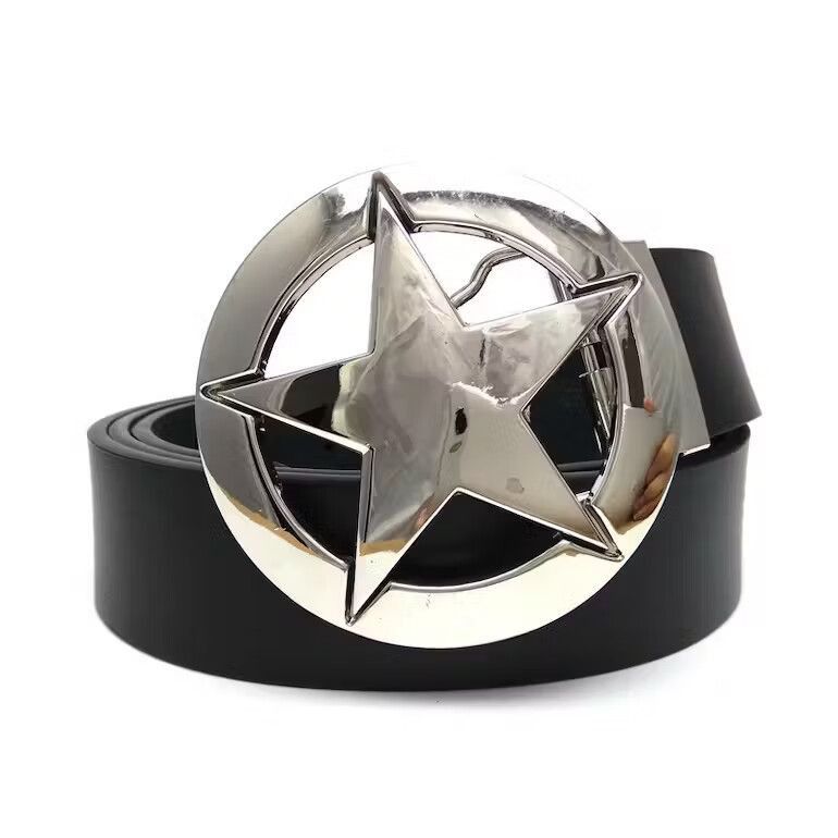 image of Leather x Unbrnd Silver Star Round Metal Belt Buckle in Black, Men's
