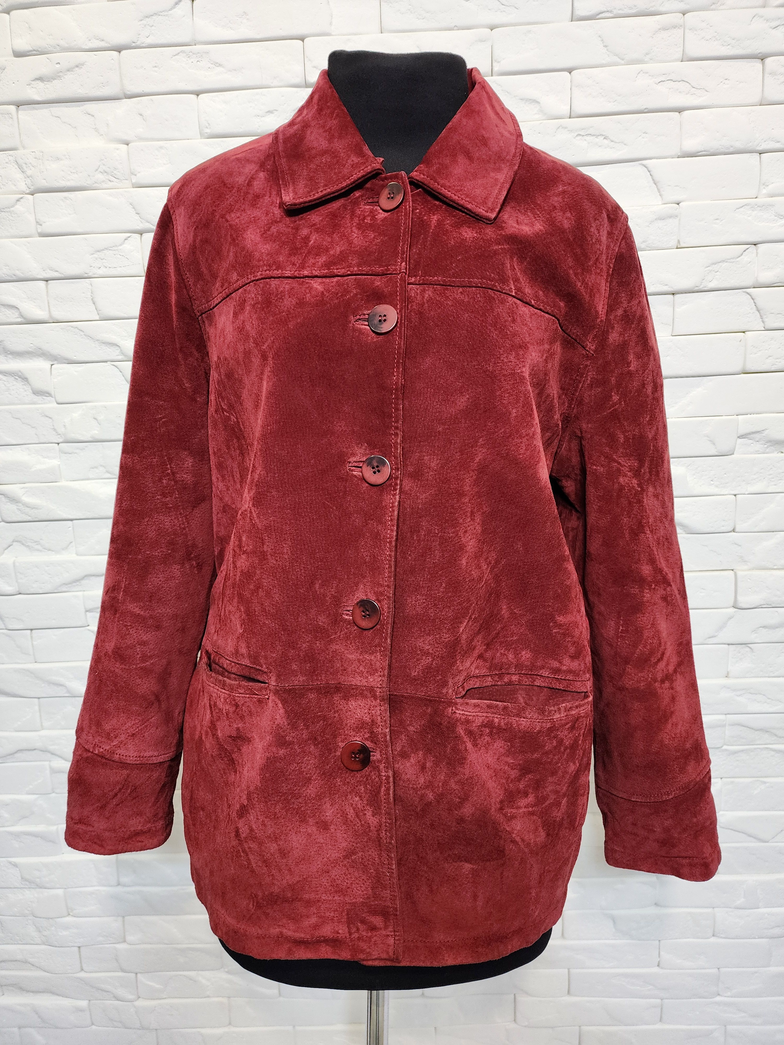 Genuine Leather Red Leather Jacket: Women's Button-Up Genuine Suede Coat Size XL / US 12-14 / IT 48-50 - 2 Thumbnail
