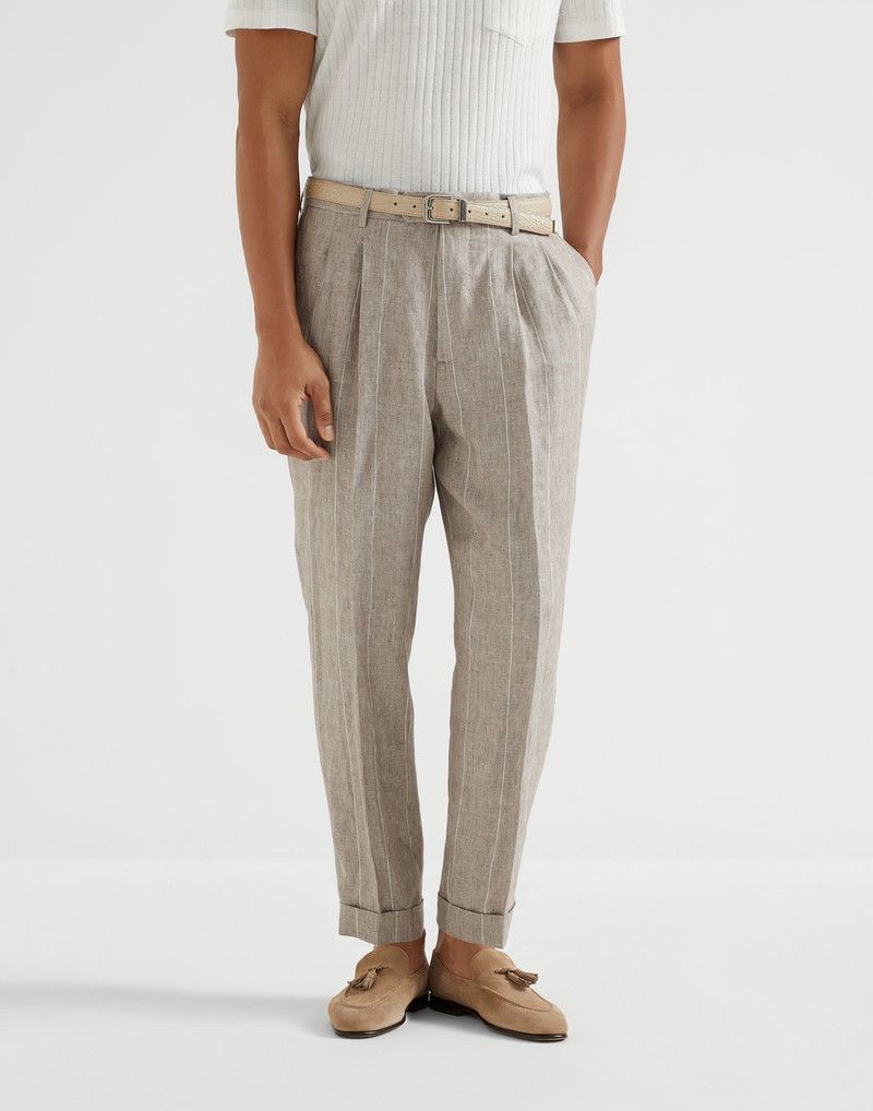 Brunello Cucinelli o1la1rc1a0326 Linen Stripe Leisure Fit Trousers Multicolor Size US 36 / EU 52 - 1 Thumbnail