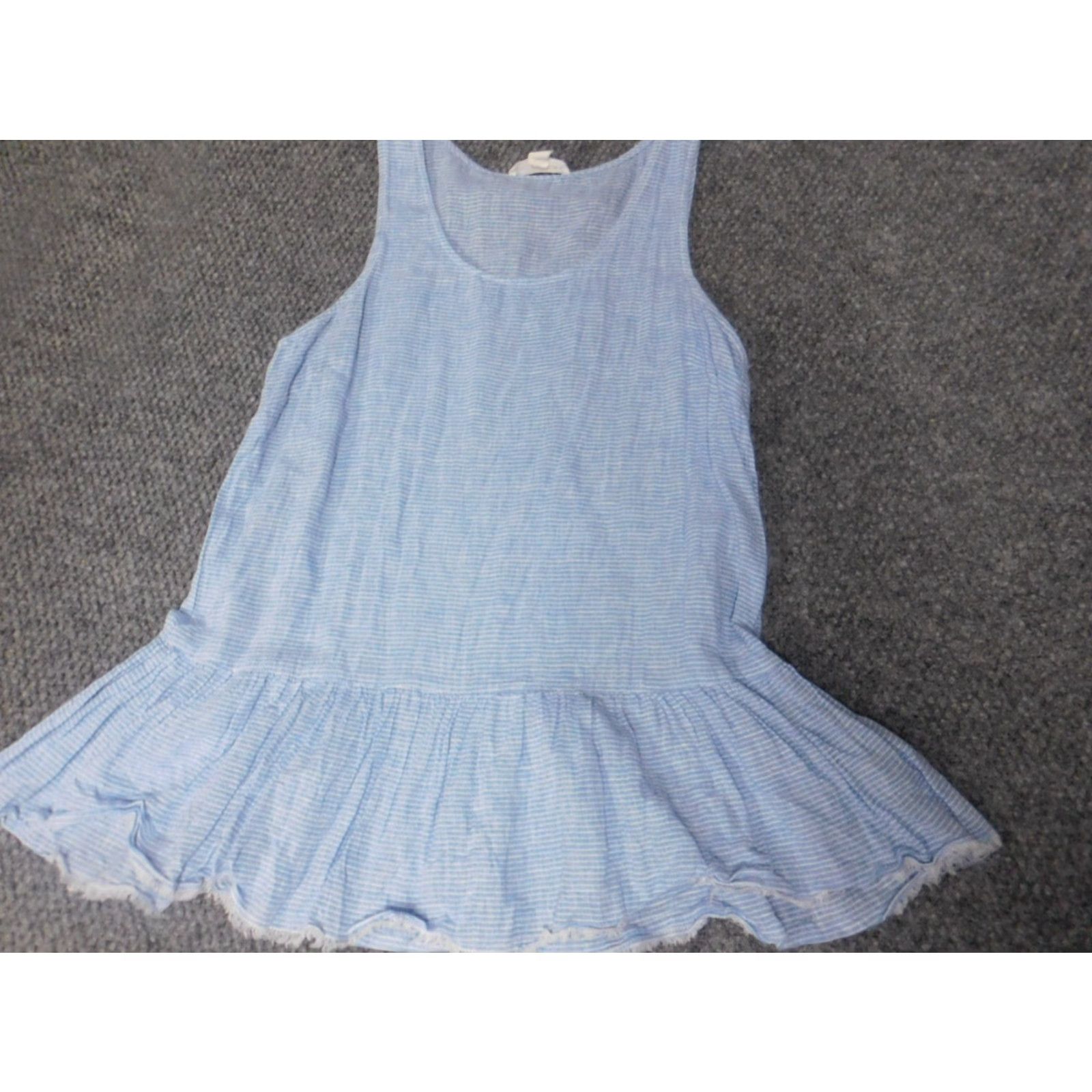 Vintage Beach Lunch Lounge Womens Blouse S Blue Cap Sleeve Round Neck Linen Knit Ruffle Peplum Top Casual Regular Din Size S / US 4 / IT 40 - 2 Thumbnail