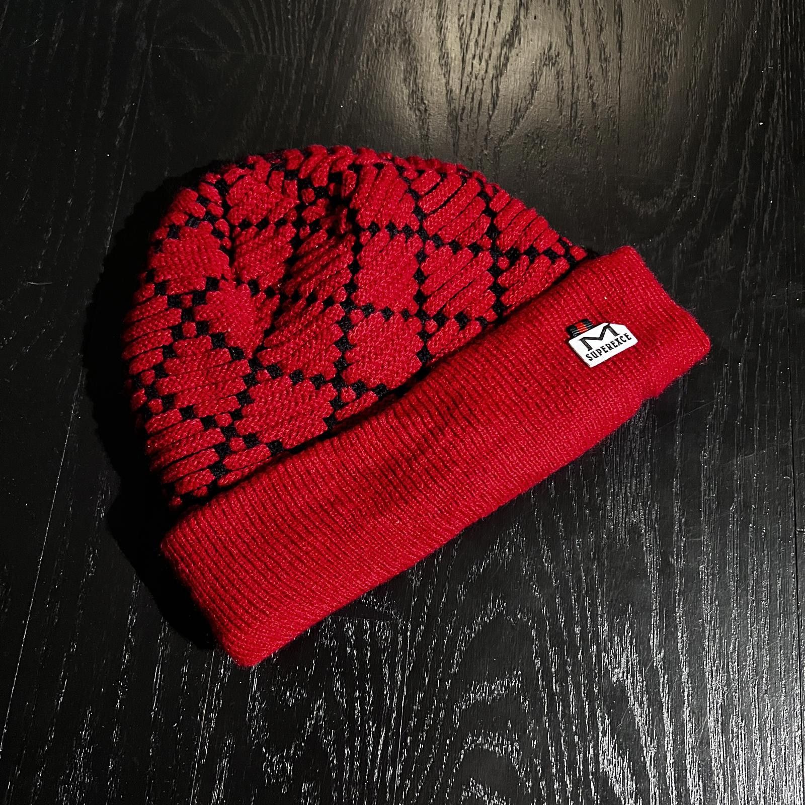Vintage Superexce Red Fleece Lined Black Diamond Pattern Beanie Size ONE SIZE - 1 Thumbnail