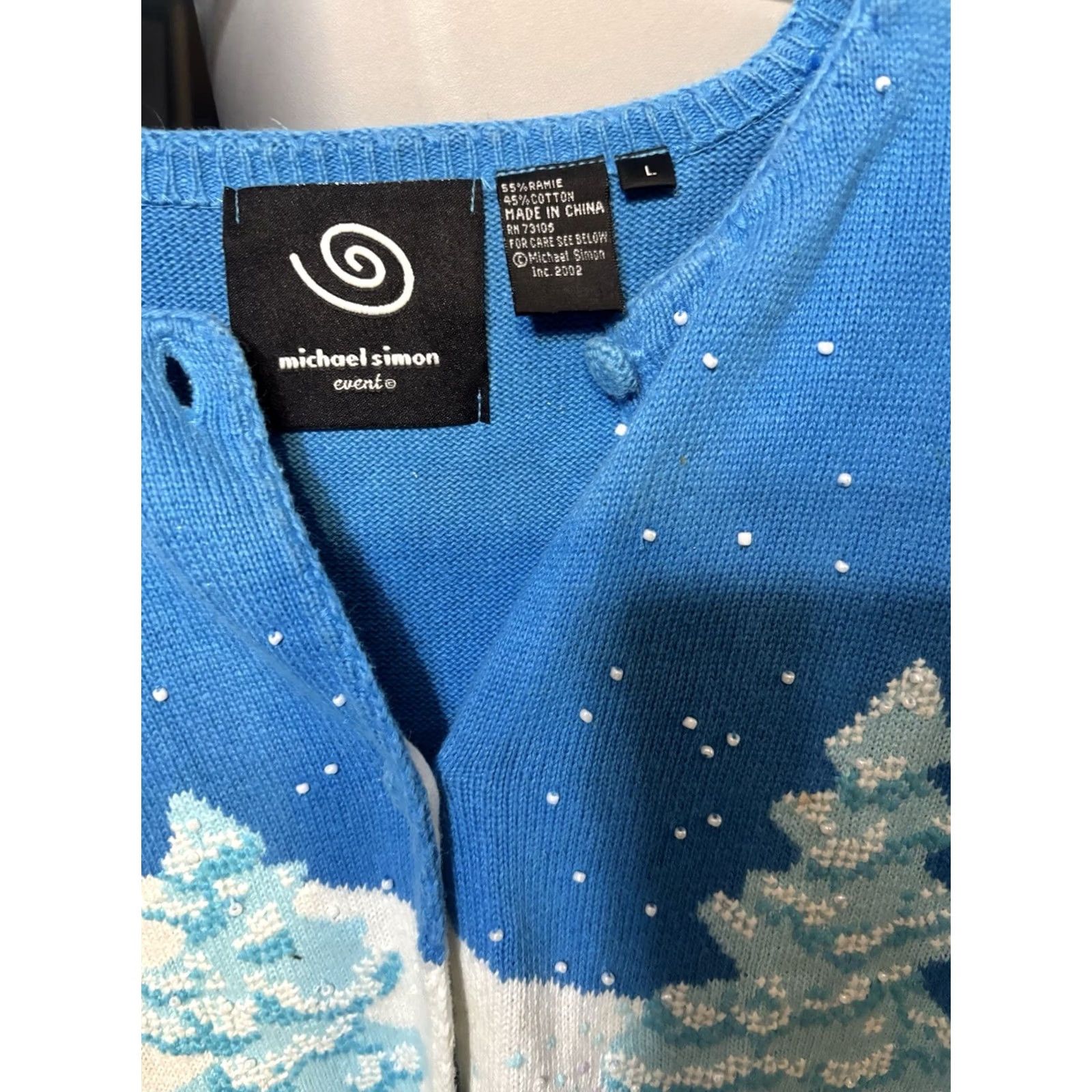 Vintage Michael Simon Cardigan Sweater Womens L Blue Beaded Bling Christmas Snowman Granny Y2K Holiday, Women's — image 2 of 4