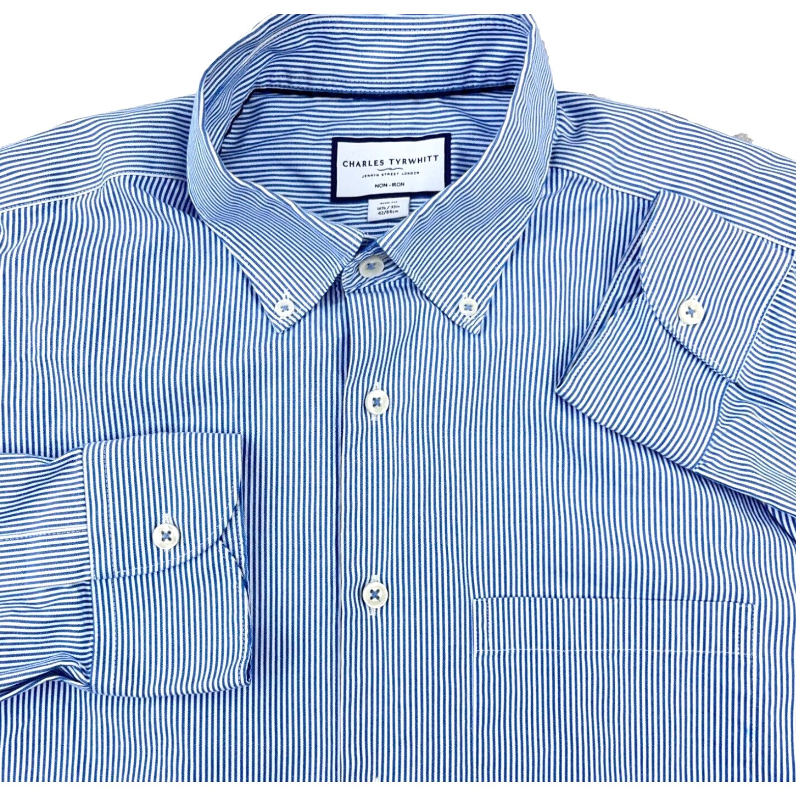 Charles Tyrwhitt Charles Tyrwhitt Shirt Men 16.5 33 Slim Button-Up Stripe Blue Cotton Woven Classic Casual / Dress Shirt Mens Size 46R - 2 Thumbnail