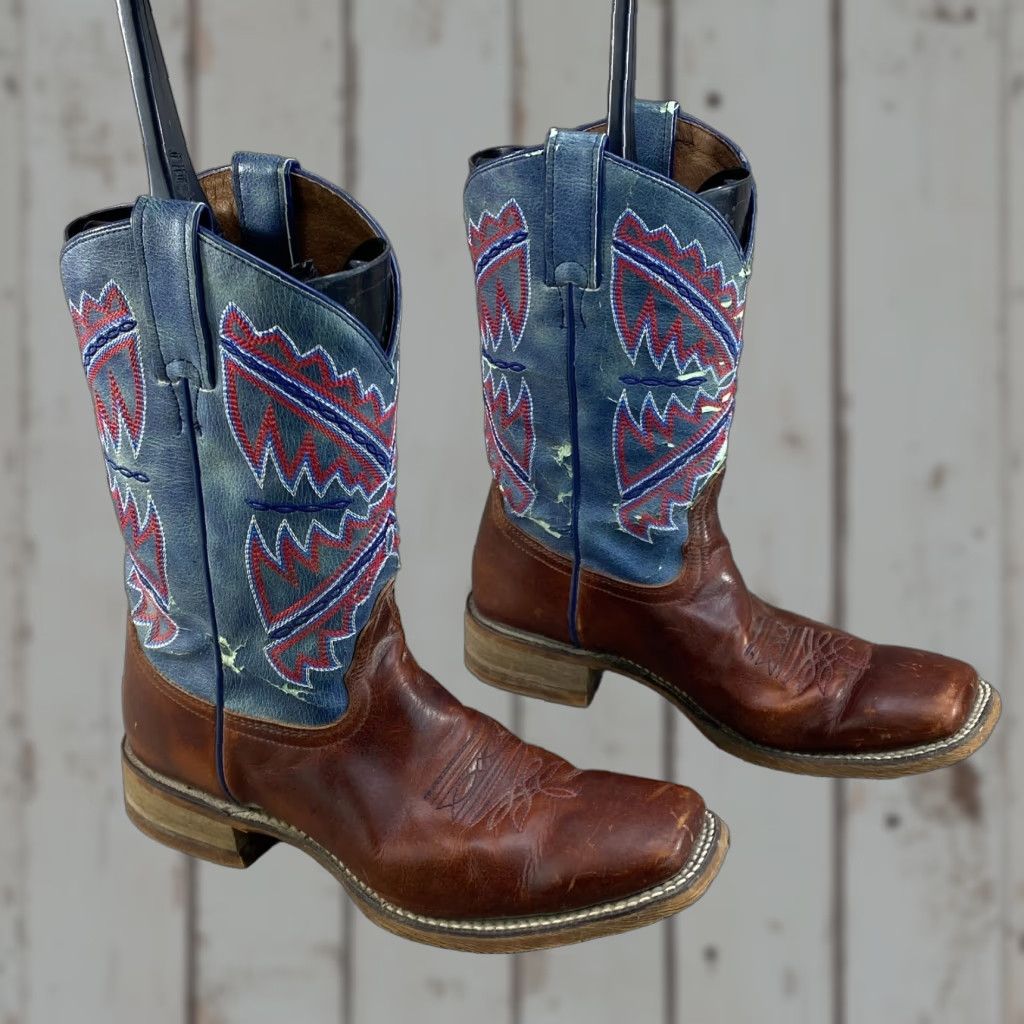Nocona Womens 9 B Leather Brown Nadia Blue Hero Square Toe Cowboy Western Boots