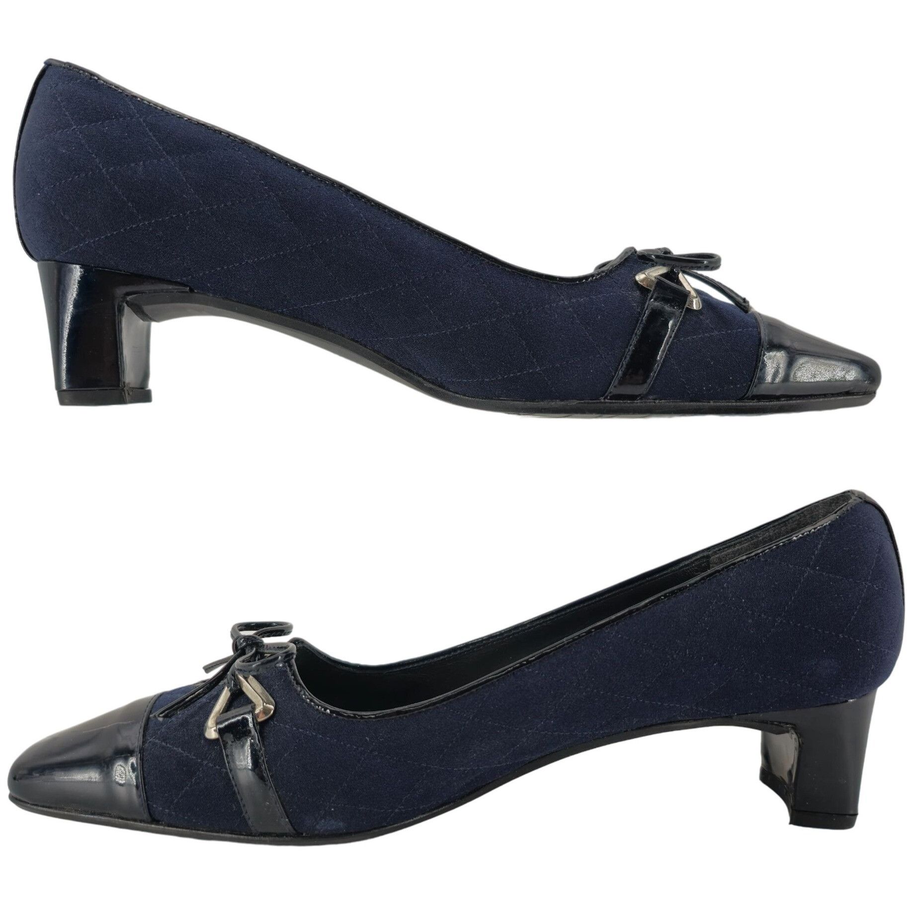 Stuart Weitzman Stuart Weitzman 8.5AAAA Navy Crepe Black Leather Dress Heels Size US 8.5 / IT 38.5 - 10 Thumbnail