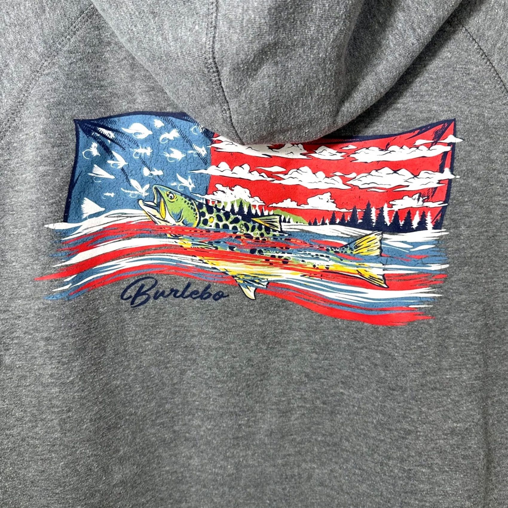 Vintage Burlebo Mens Gray American Flag Trout Fishing Hoodie Sweatshirt Raglan Large L Size US L / EU 52-54 / 3 - 2 Thumbnail