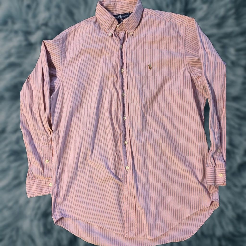 Polo Ralph Lauren Polo Ralph Lauren Shirt Dress Shirt 16 34 Pink/Blue Striped Button-Down 90s Vintage Mens Shirt Size US L / EU 52-54 / 3 - 1 Thumbnail