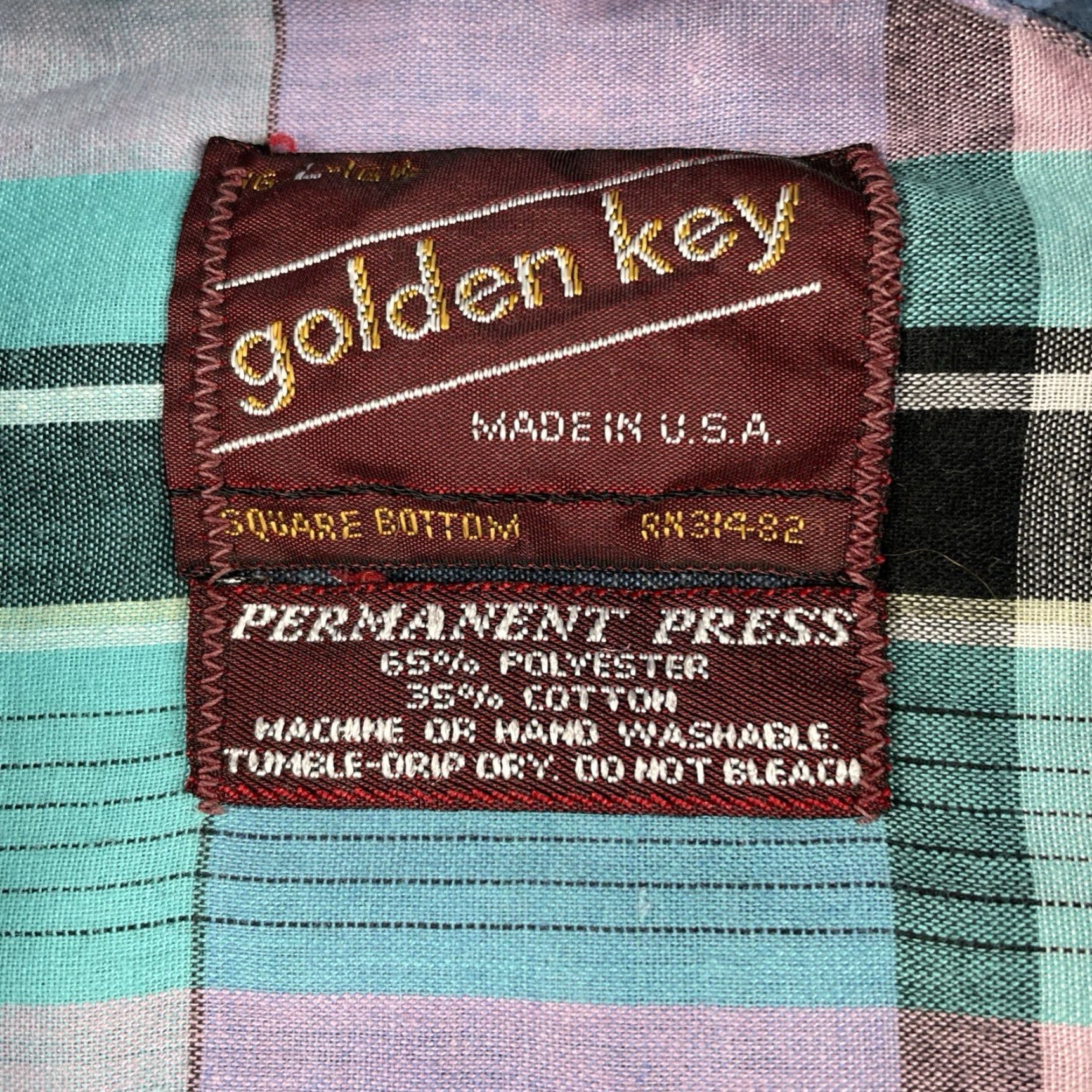 Vintage VINTAGE Golden Key Plaid Button-Up Shirt Striped Blue Pink Large Made In USA Mens Short Sleeve Collared - Size US L / EU 52-54 / 3 - 6 Thumbnail