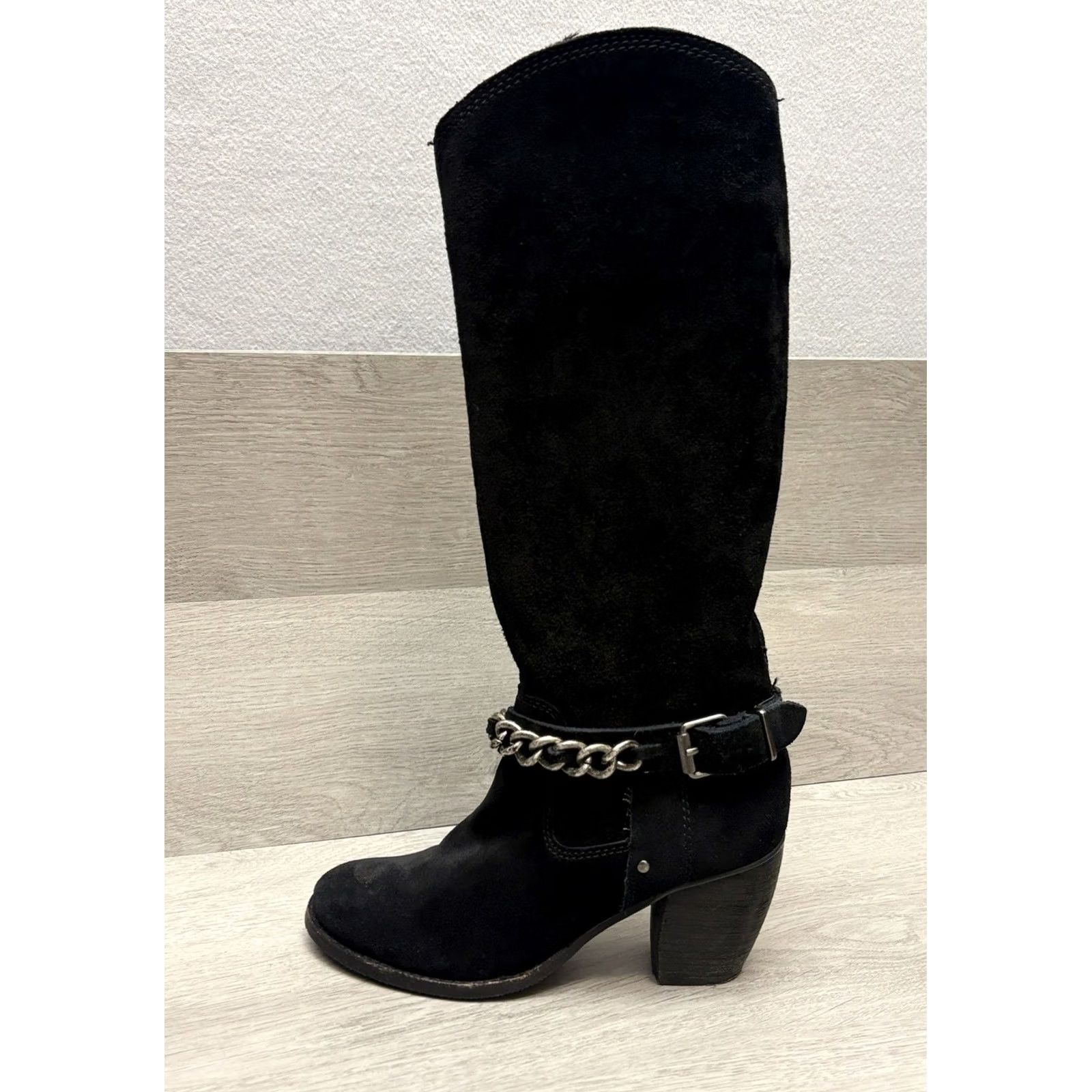 BCBGeneration BCBGeneration Riding Boots Suede Chain Harness Stacked Heel 7.5M Black Size US 8 / IT 38 - 5 Thumbnail