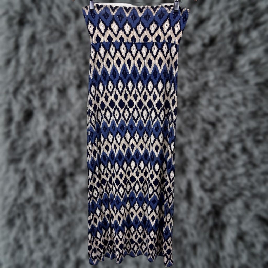 Vintage VINTAGE Max Studio Maxi Skirt Women’s Blue Geometric Boho Stretch Long S Regular Womens Size 28" / US 6 / IT 42 - 1 Thumbnail