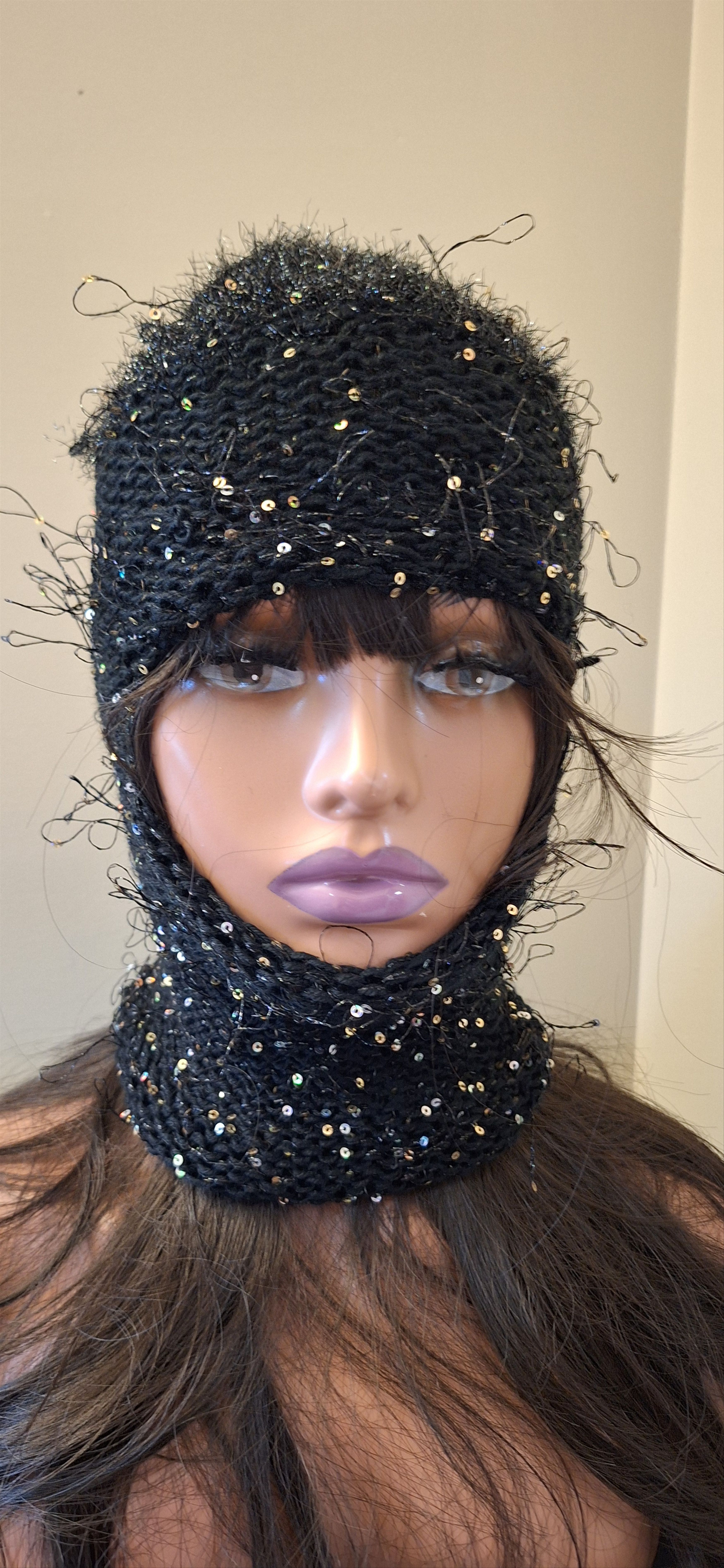 Midnight Riot Balaclava – Hand-Knit Art Hood with Sequins