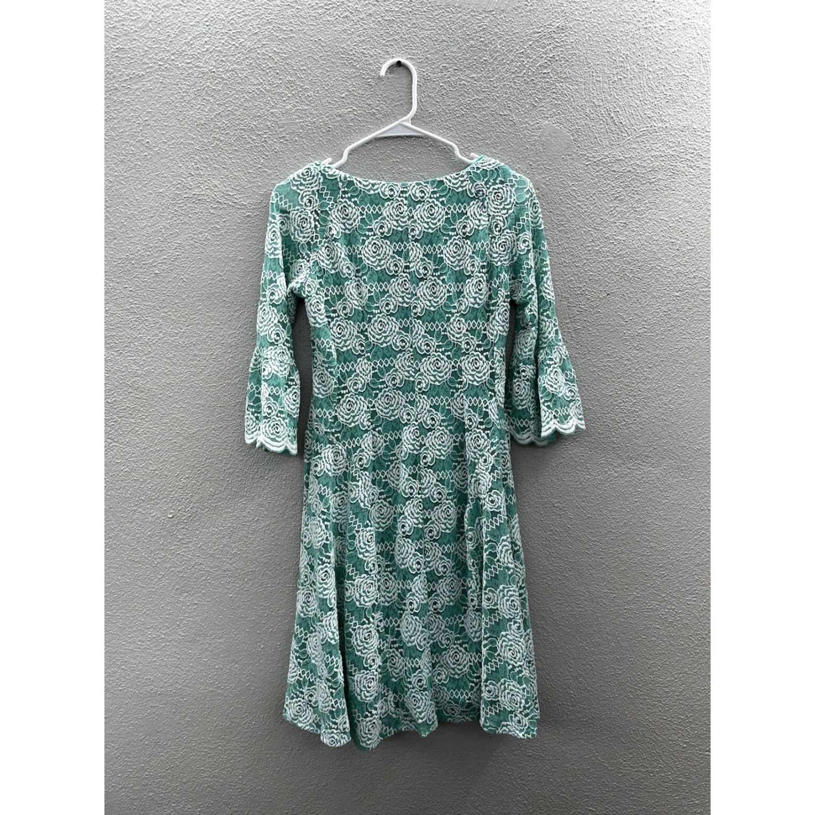 Vintage Rabbit Womens Dress Teal White Lace 3/4 Bell Sleeve Knee Length Size 4 Vintage No Floral Bohemian Designer Style Dresses Size S / US 4 / IT 40 - 7 Thumbnail