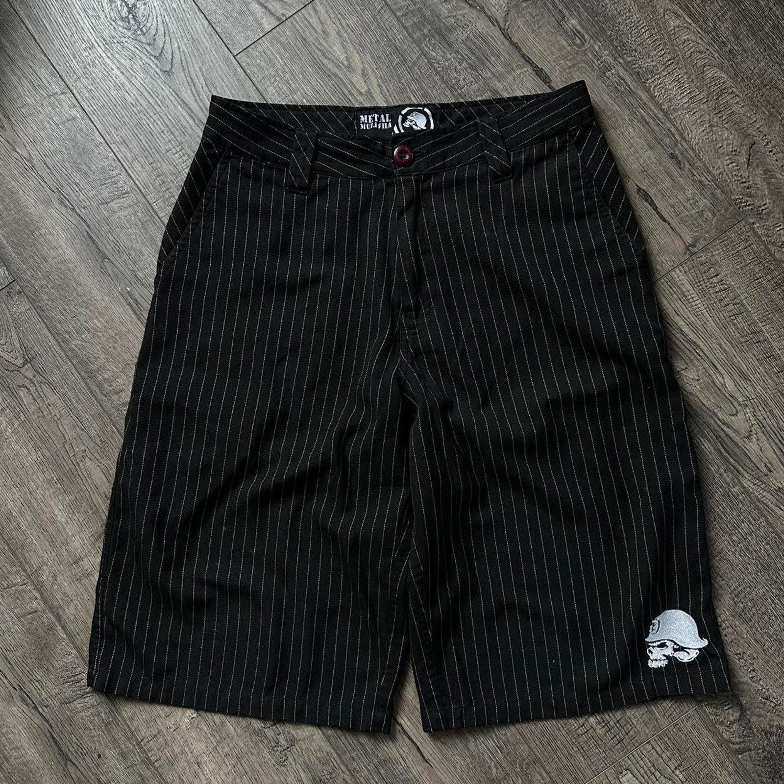 Vintage 00s Pin Striped Long Black Skull Metal Mulisha Short