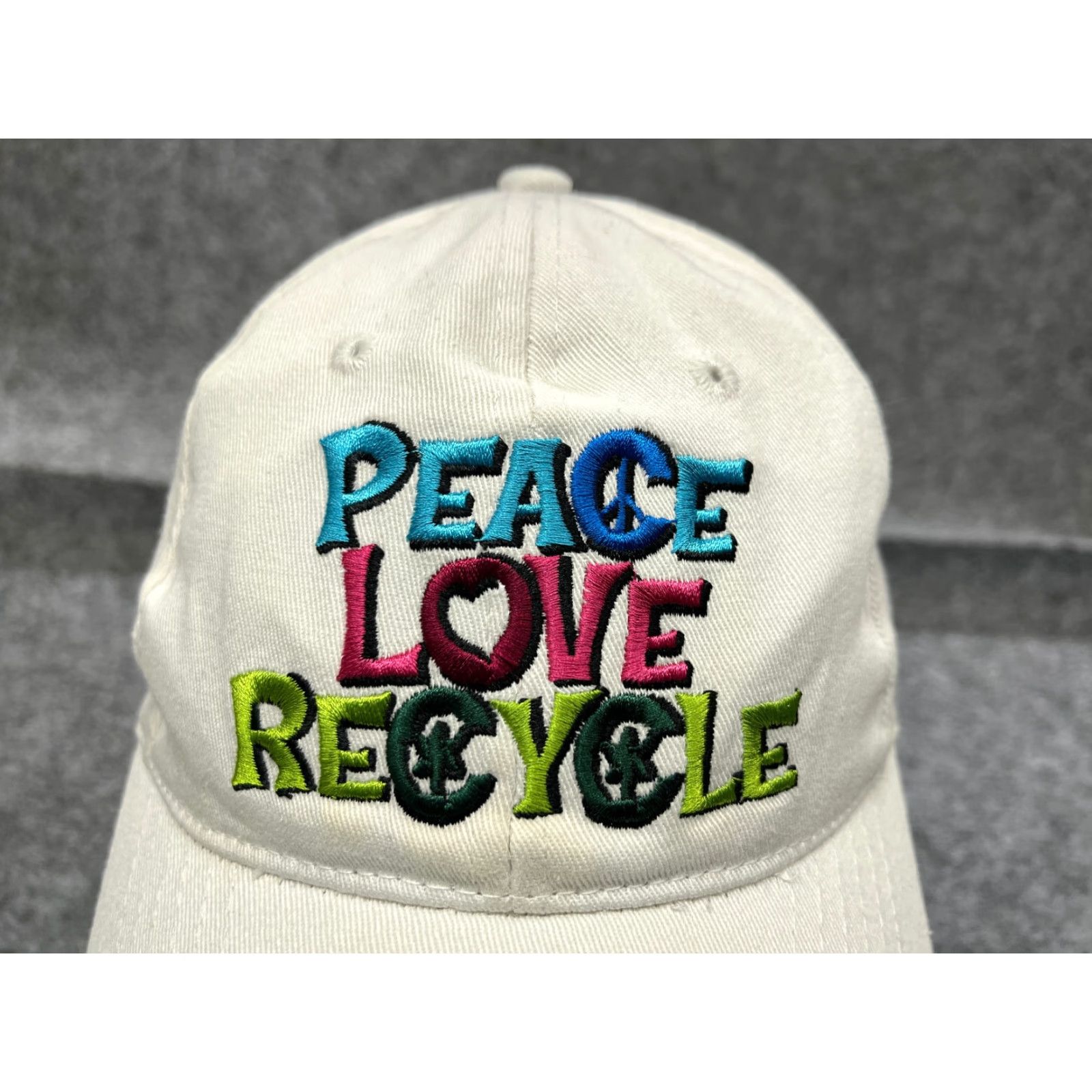 Vintage Peace Love Recycle Hat Cap Strap Back White One Size Adult 100% Cotton Size ONE SIZE - 2 Thumbnail