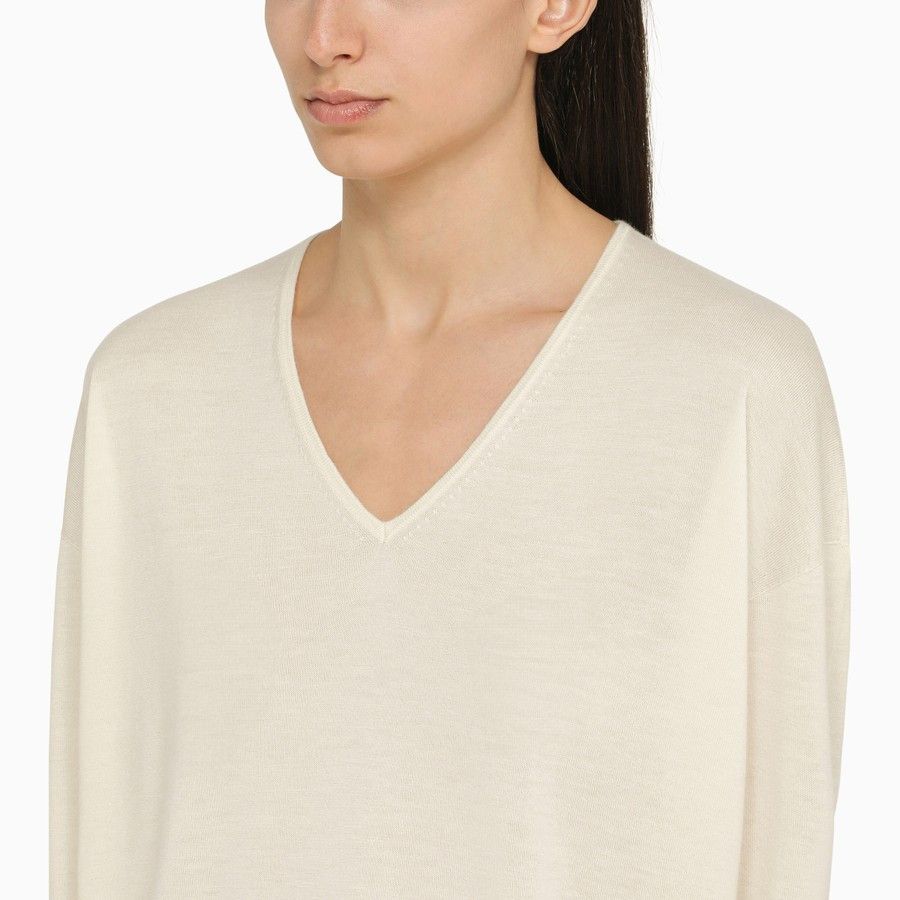 Max Mara o1d2blof0824 Cashmere V-neck Sweater in Off White Size L / US 10 / IT 46 - 4 Thumbnail