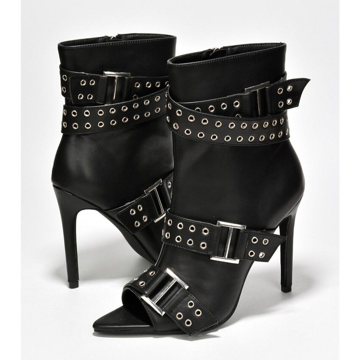 Slay Belt Strap Open Toe Ankle Boots Sexy Stiletto Heels Bla