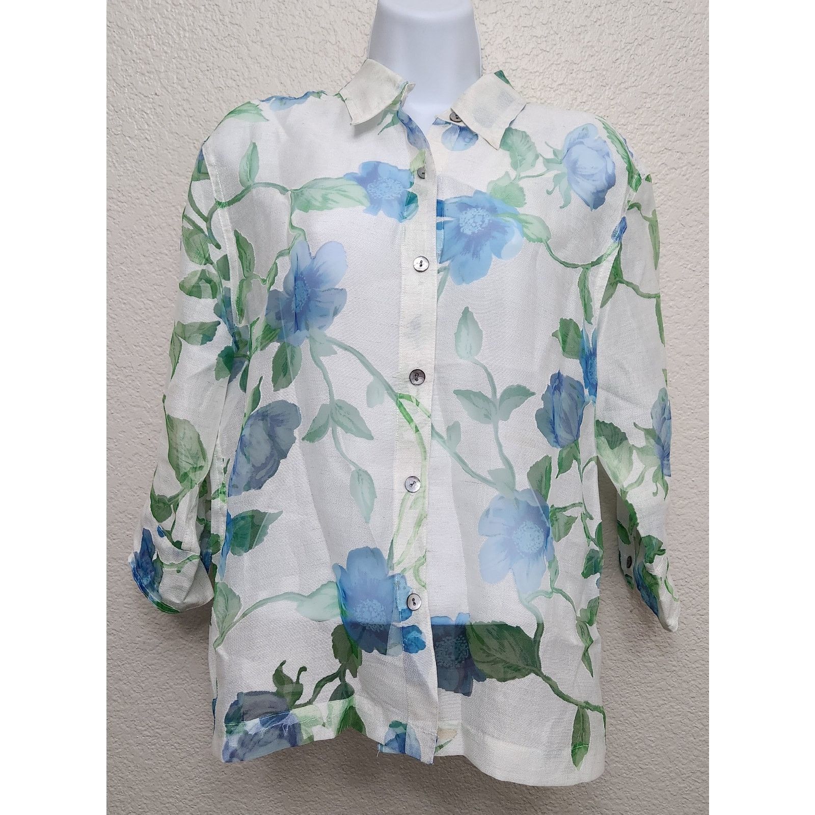 Other West End White Blue Green Floral Button Up Sheer Top Medium Size M / US 6-8 / IT 42-44 - 1 Thumbnail