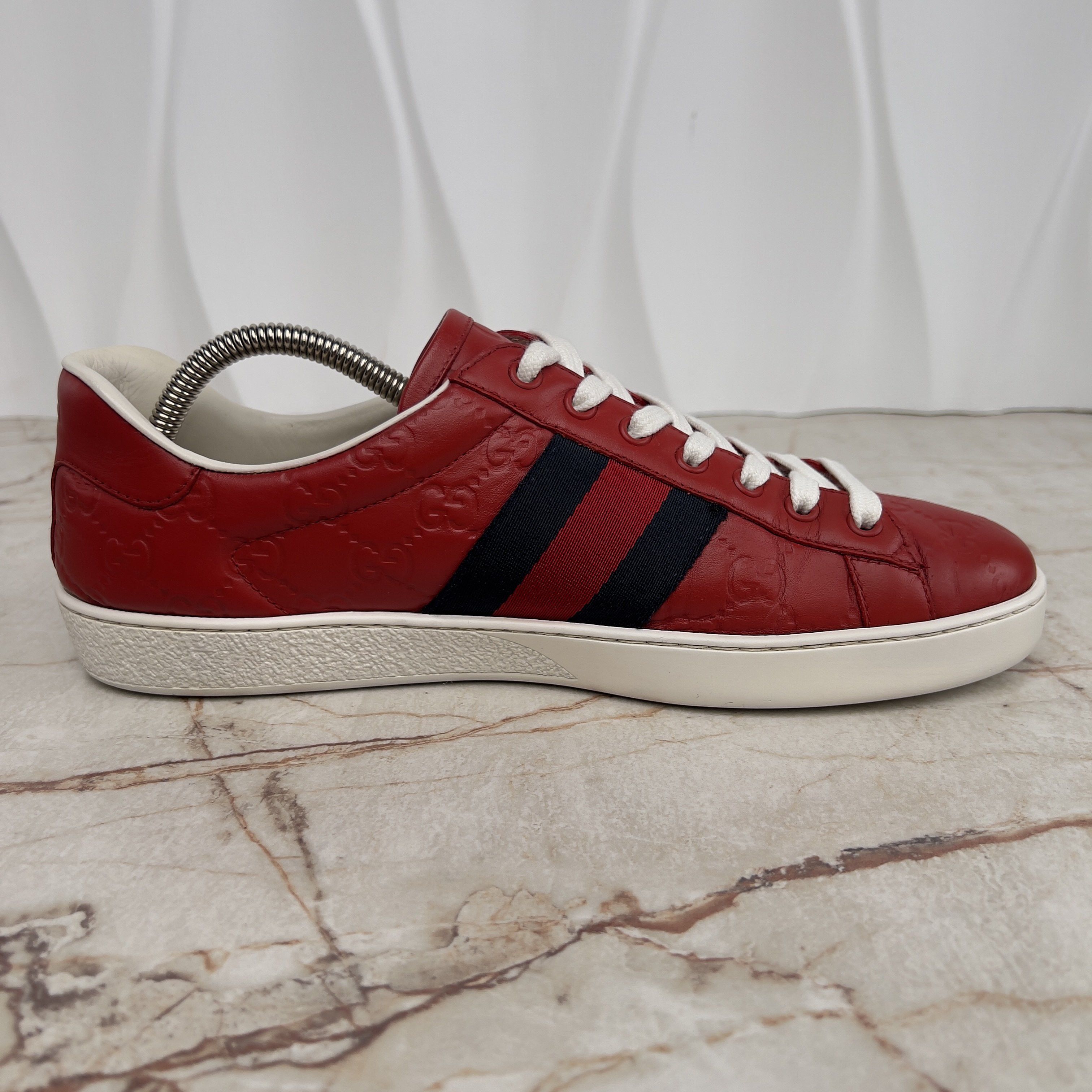 Gucci Ace Web GG Monogram Low Top Sneakers Red Leather Size US 8 / EU 41 - 6 Thumbnail