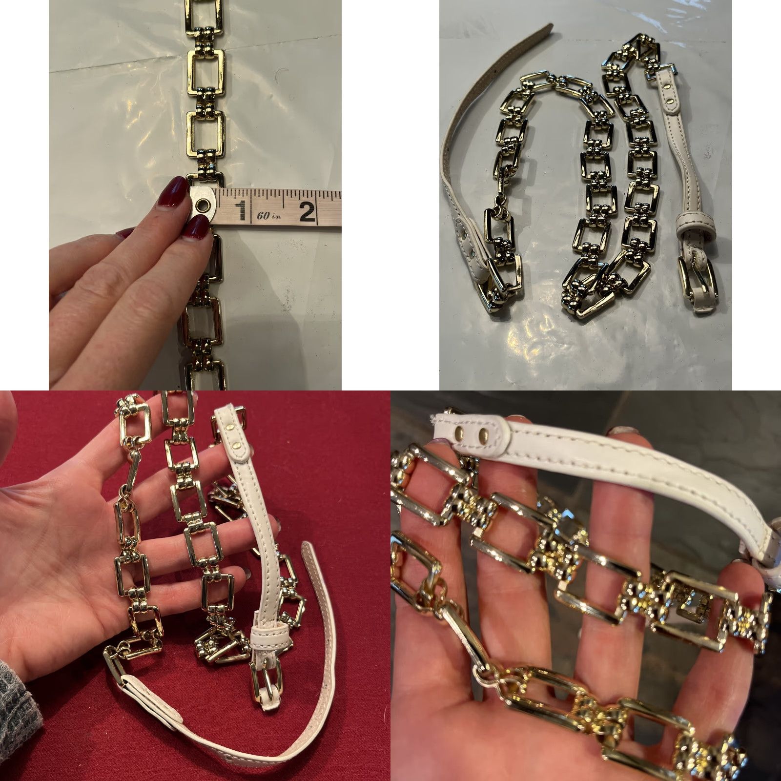 Vintage VINTAGE White Leather Belt Golden Square Chain Links Shiny Thin 1/2” 35-39” Waist Women's Belt Size ONE SIZE - 8 Thumbnail