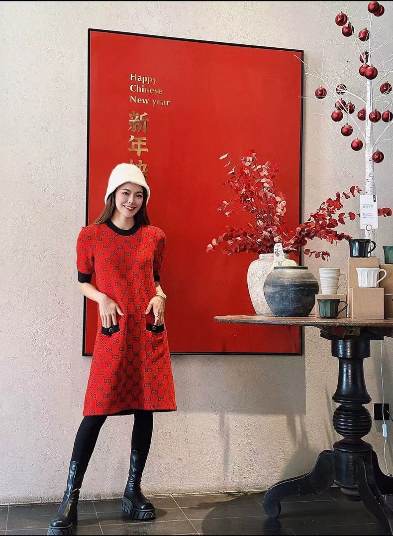 Gucci Gucci Double G jacquard red short-sleeved knitted dress Size S / US 4 / IT 40 - 6 Thumbnail