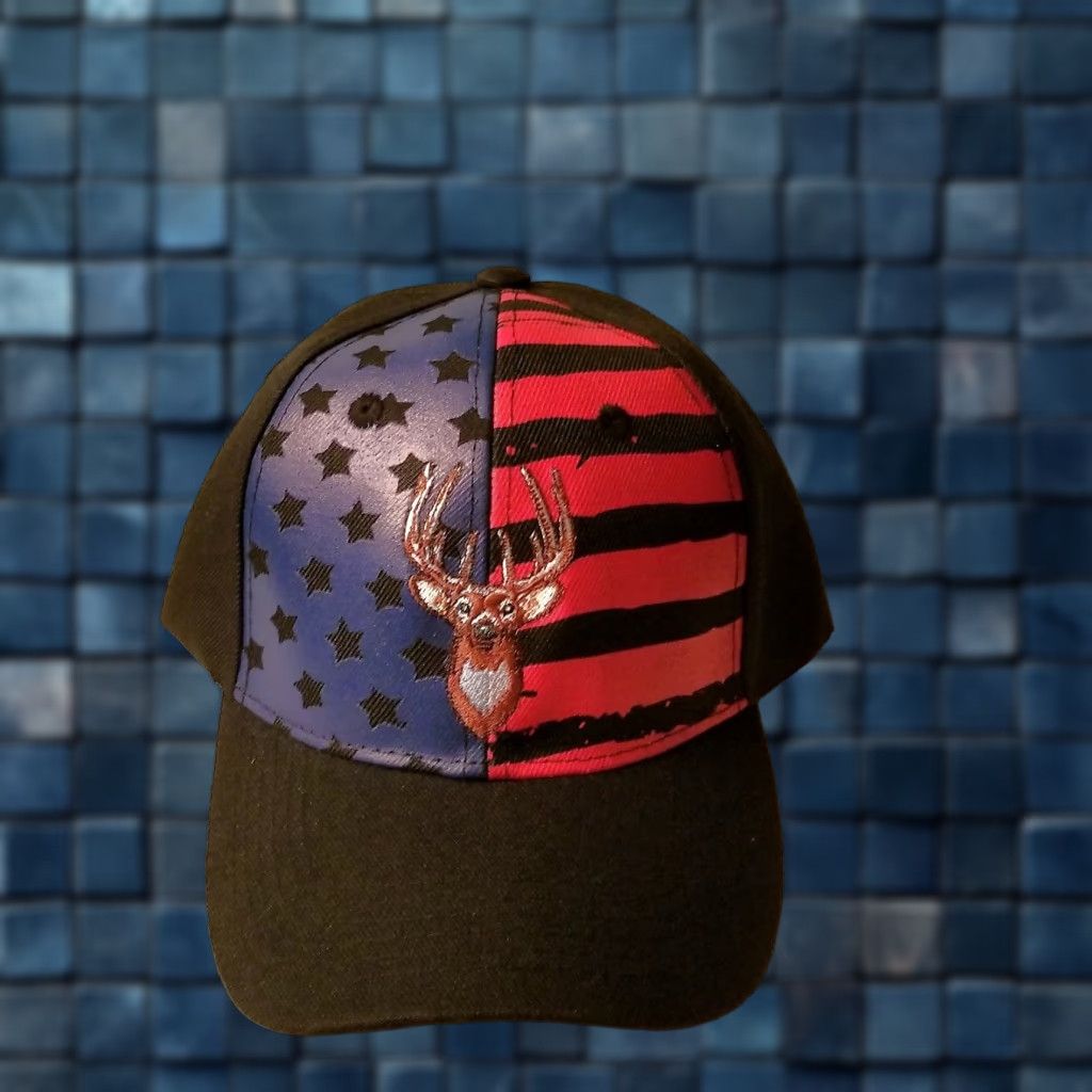 Vintage VINTAGE Deer American Flag Baseball Cap - Adjustable - Black - Outdoor Hunting - Mens Size ONE SIZE - 1 Thumbnail