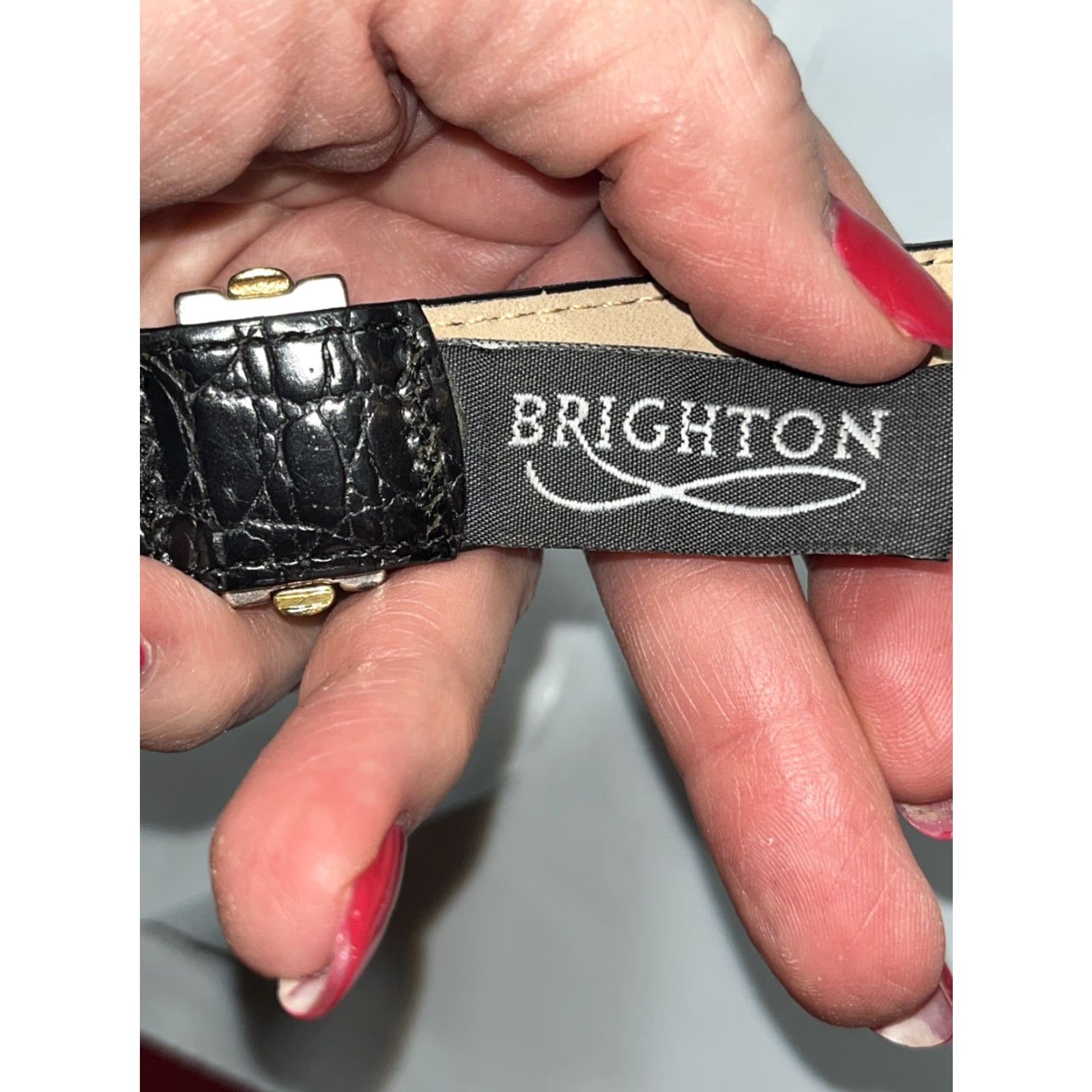 Brighton VINTAGE Brighton BELT Women Large Black Leather Croc Print Gold Silver Chain Links 44203 LRG Size ONE SIZE - 7 Thumbnail