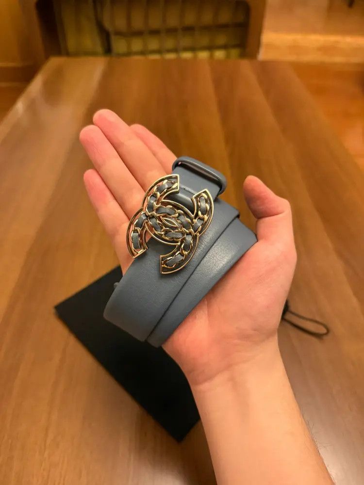 Sz 75 Chanel Logo Blue Grey Belt