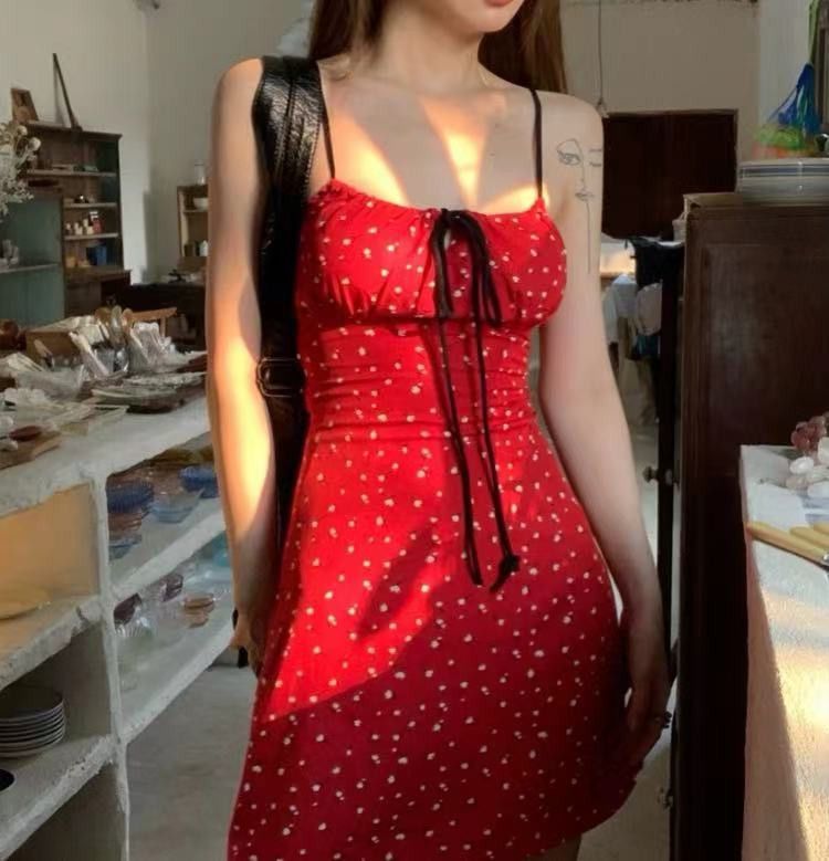 image of Vintage Red Seaside Vacation Style Floral Camisole Dress, Women's (Size Medium)