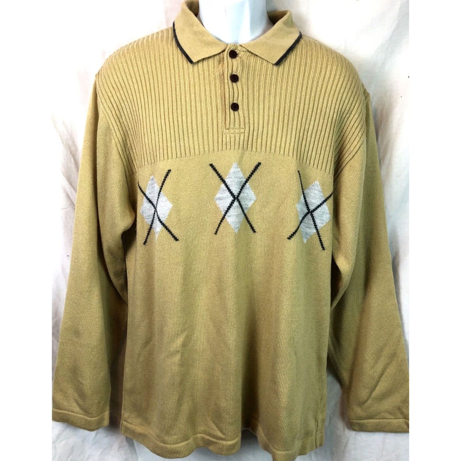 Vintage Adolfo golf sweater M Gold Argyle Knit Preppy polo collar 3 button long sleeve Size US M / EU 48-50 / 2 - 2 Thumbnail