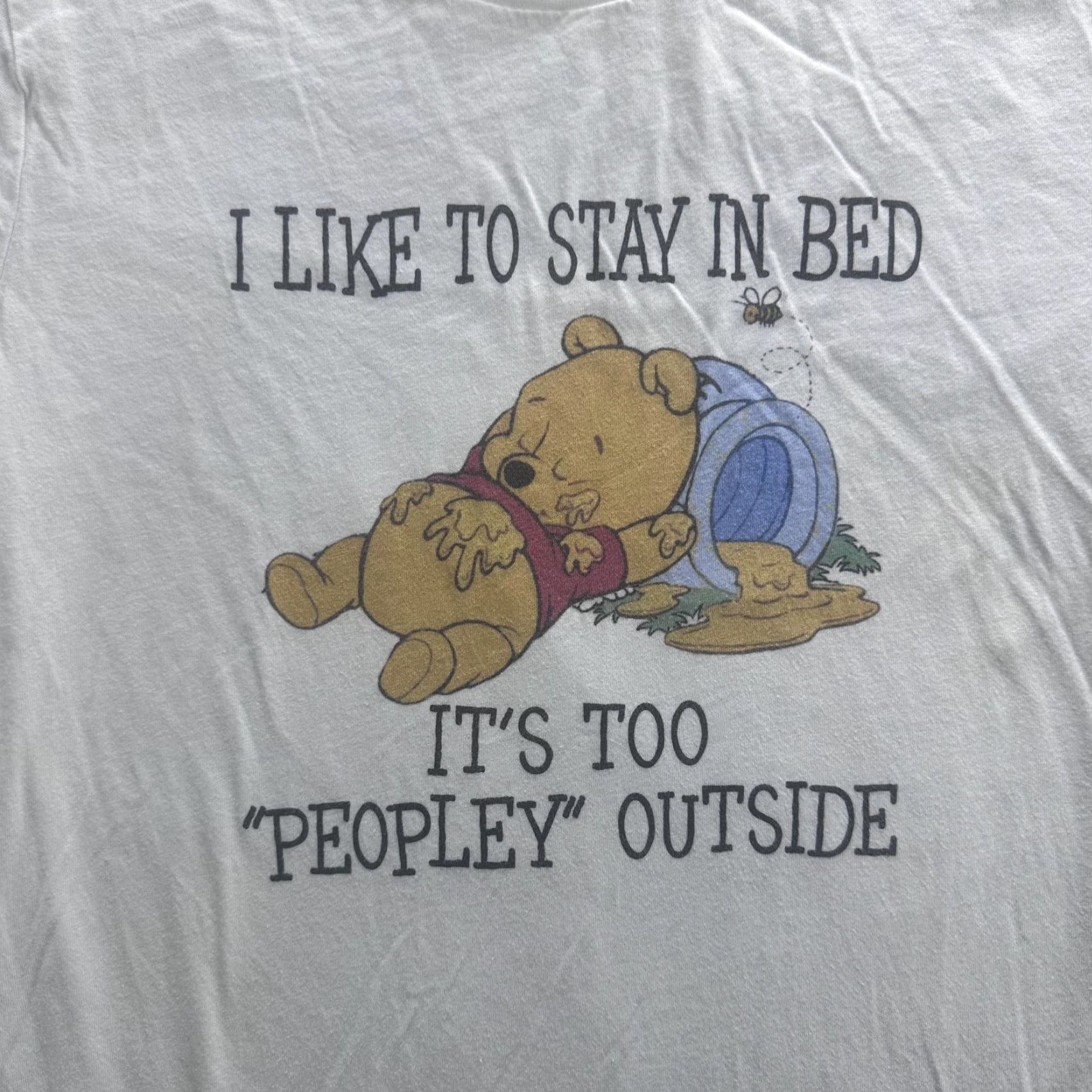 Vintage Winnie the Pooh Graphic T-Shirt Mens Medium White "I Like To Stay In Bed" Disney Humor Size US M / EU 48-50 / 2 - 2 Thumbnail