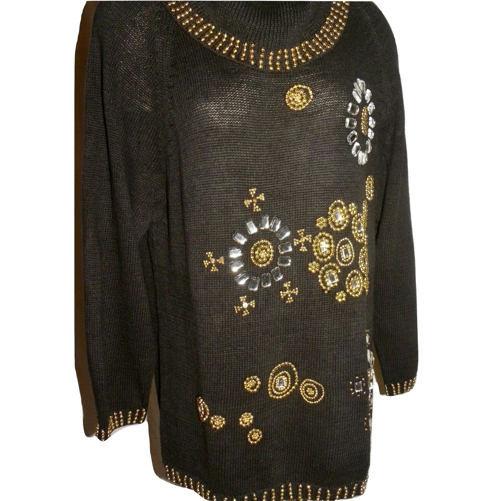 Vintage 90's Black Beaded Jeweled Cowl Neck Sweater Tunic Knit Dress Size M / US 6-8 / IT 42-44 - 6 Thumbnail