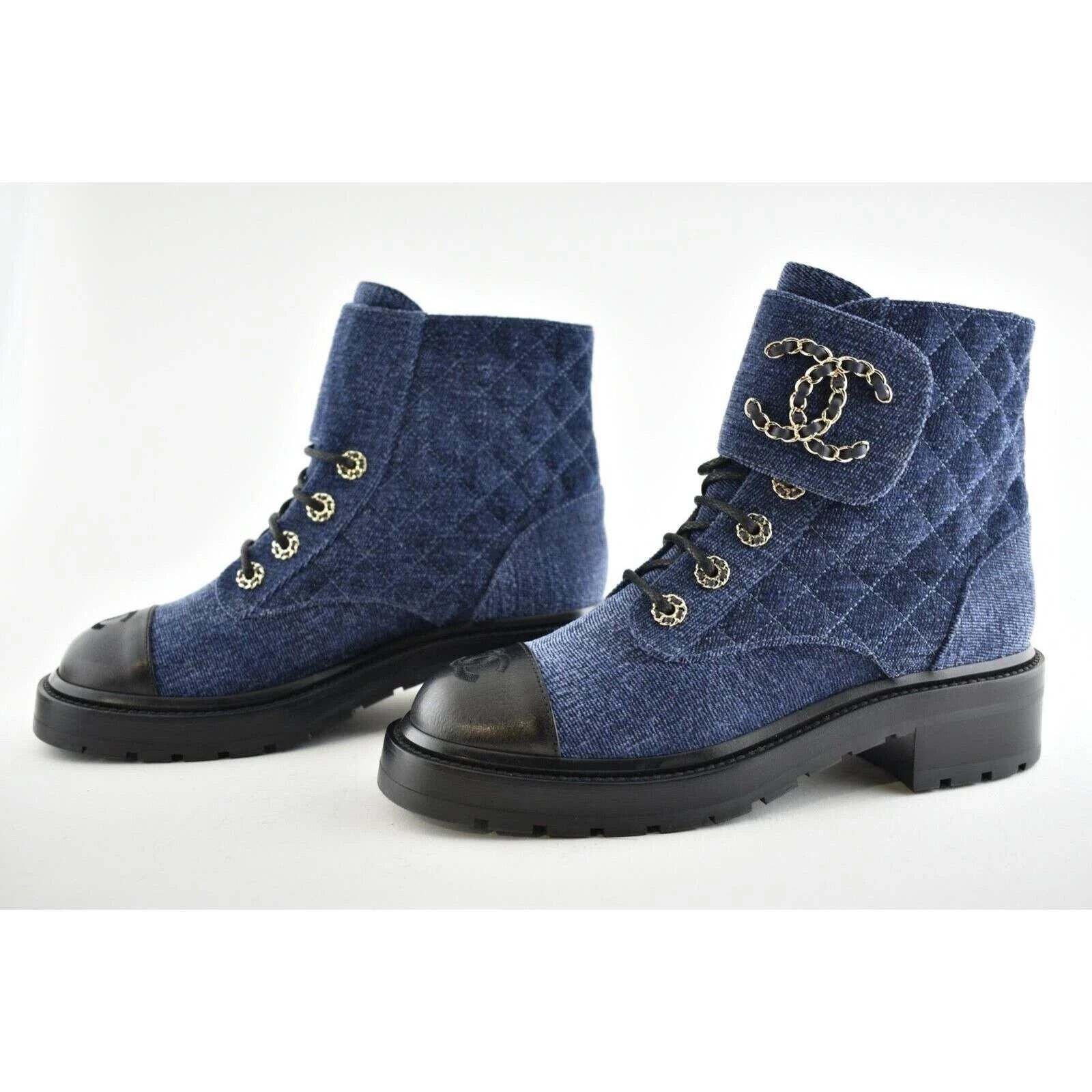 Chanel 21A Blue Black Quilted CC Chain Combat Lace Up