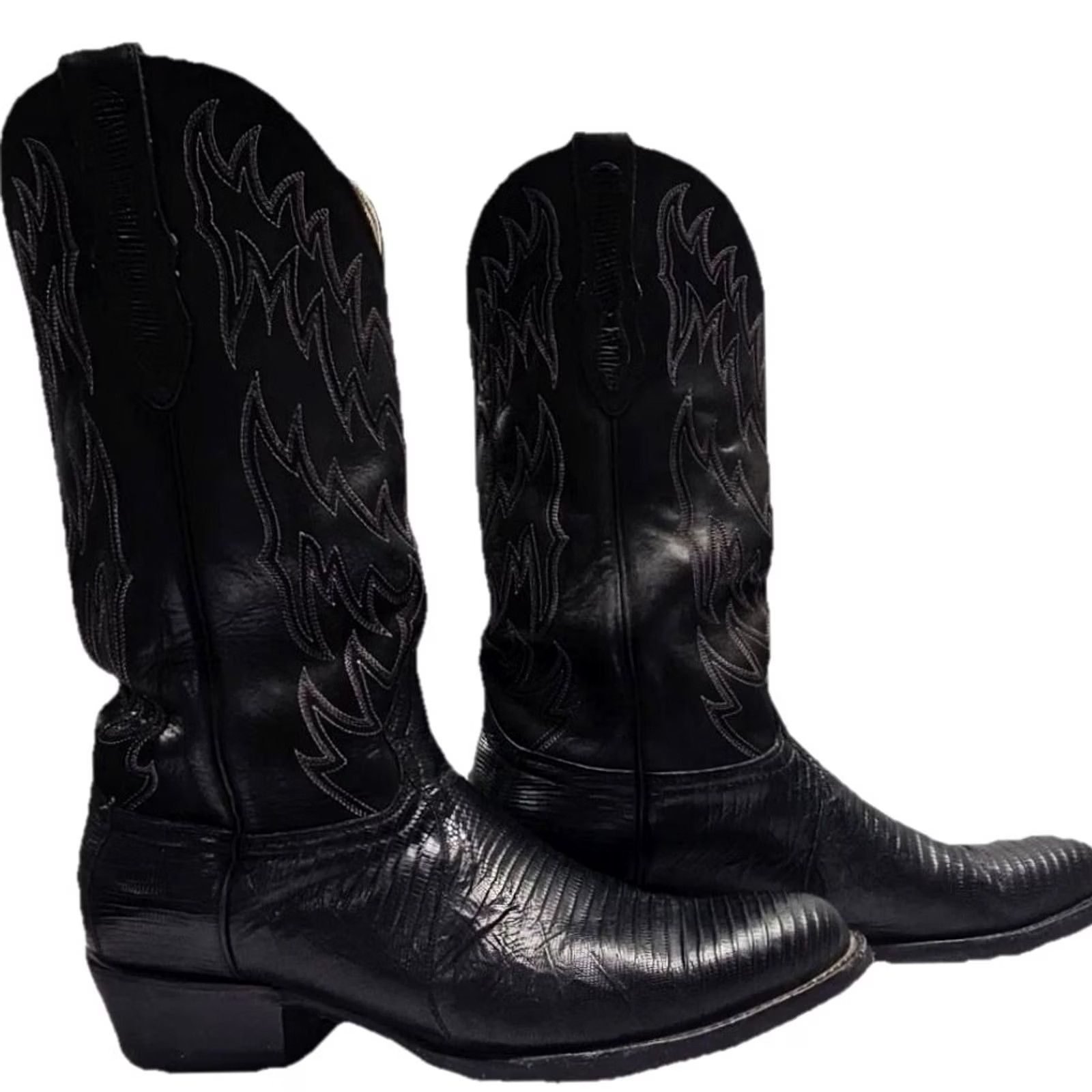 Skin VINTAGE Unbranded Western Boots Men 9D Black Lizard Leather Cowboy Pull On Round Toe Leather Cushioned Made in Mexico Size US 9 / EU 42 - 4 Thumbnail
