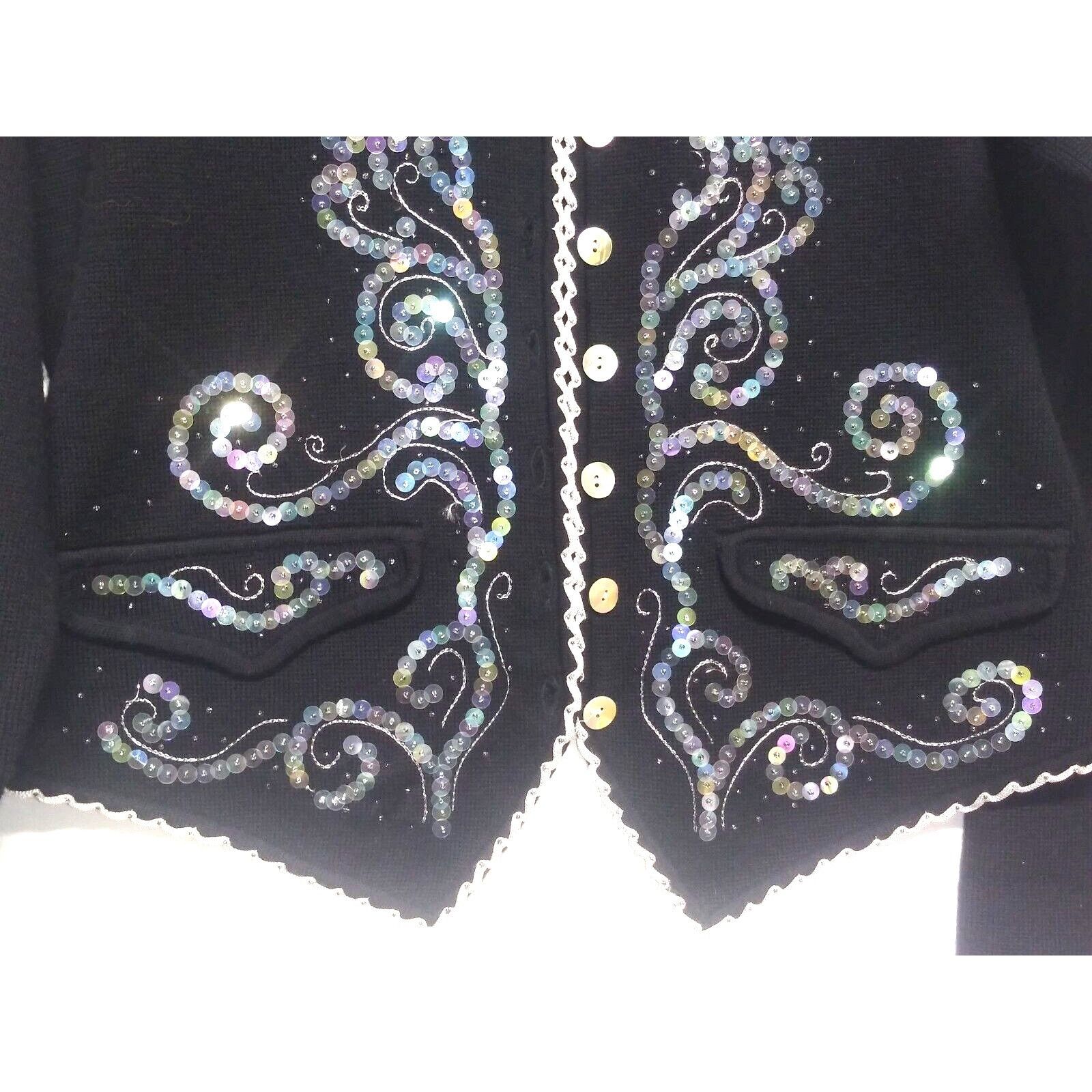 Vintage Carole Little Cardigan Sweater XL Embellished embroidered Bl Size XL / US 12-14 / IT 48-50 - 4 Thumbnail