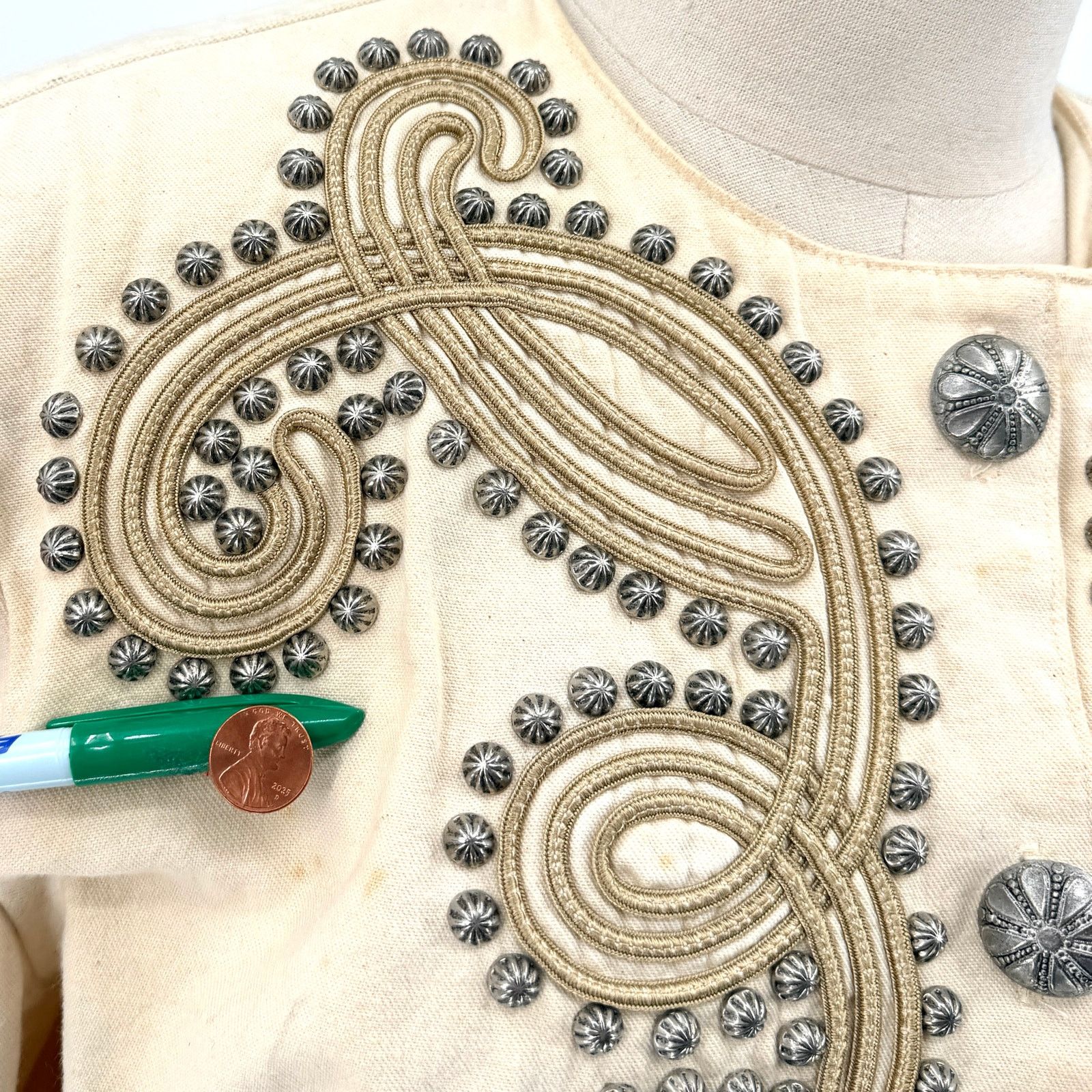 Double D Ranch Vintage 90s Cream 100% Cotton Studded Western Cropped Jacket Size M / US 6-8 / IT 42-44 - 11 Thumbnail
