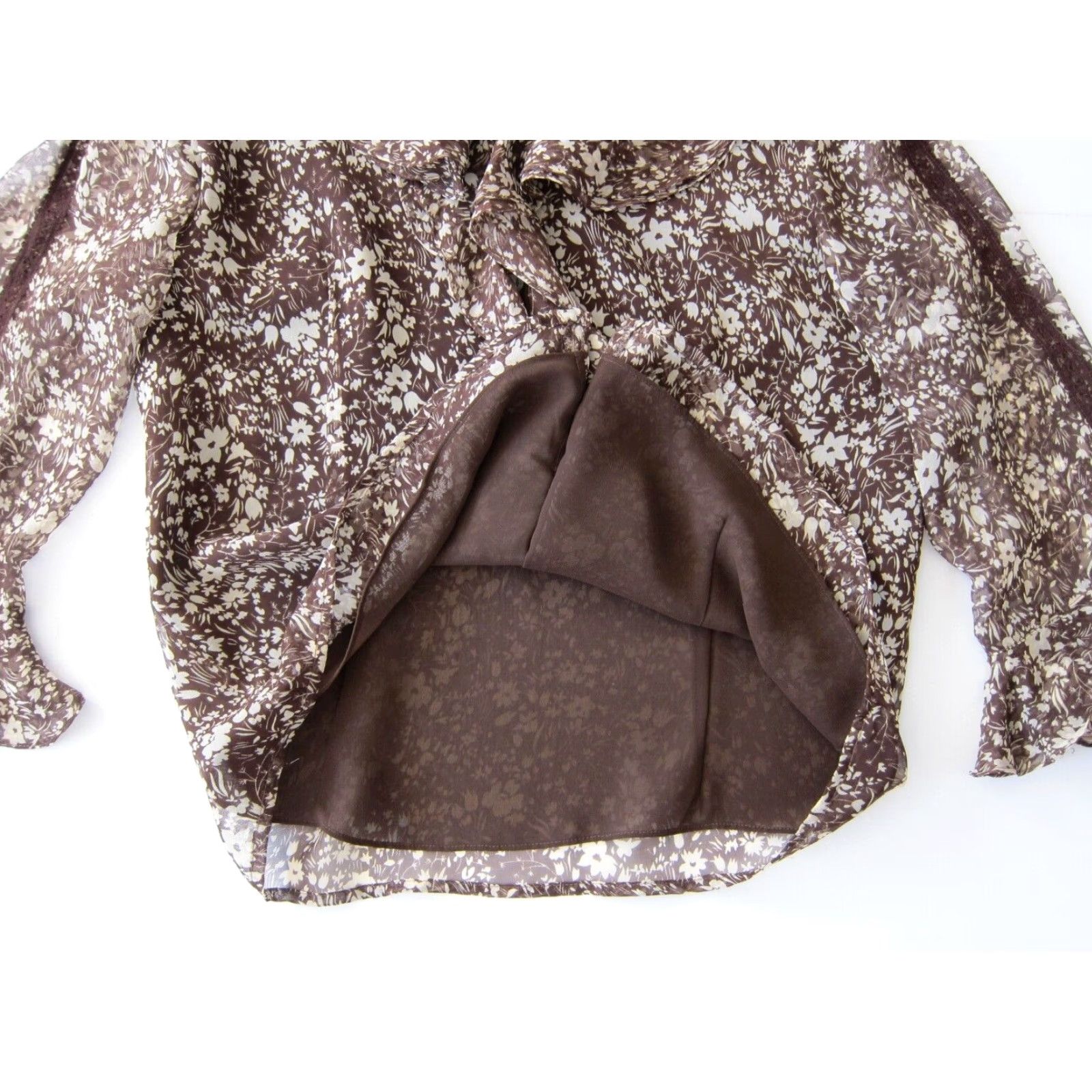 Vintage Richard Malcolm 100% Silk Ivory Brown Floral Ruffle Button Down Blouse Small Size S / US 4 / IT 40 - 7 Thumbnail