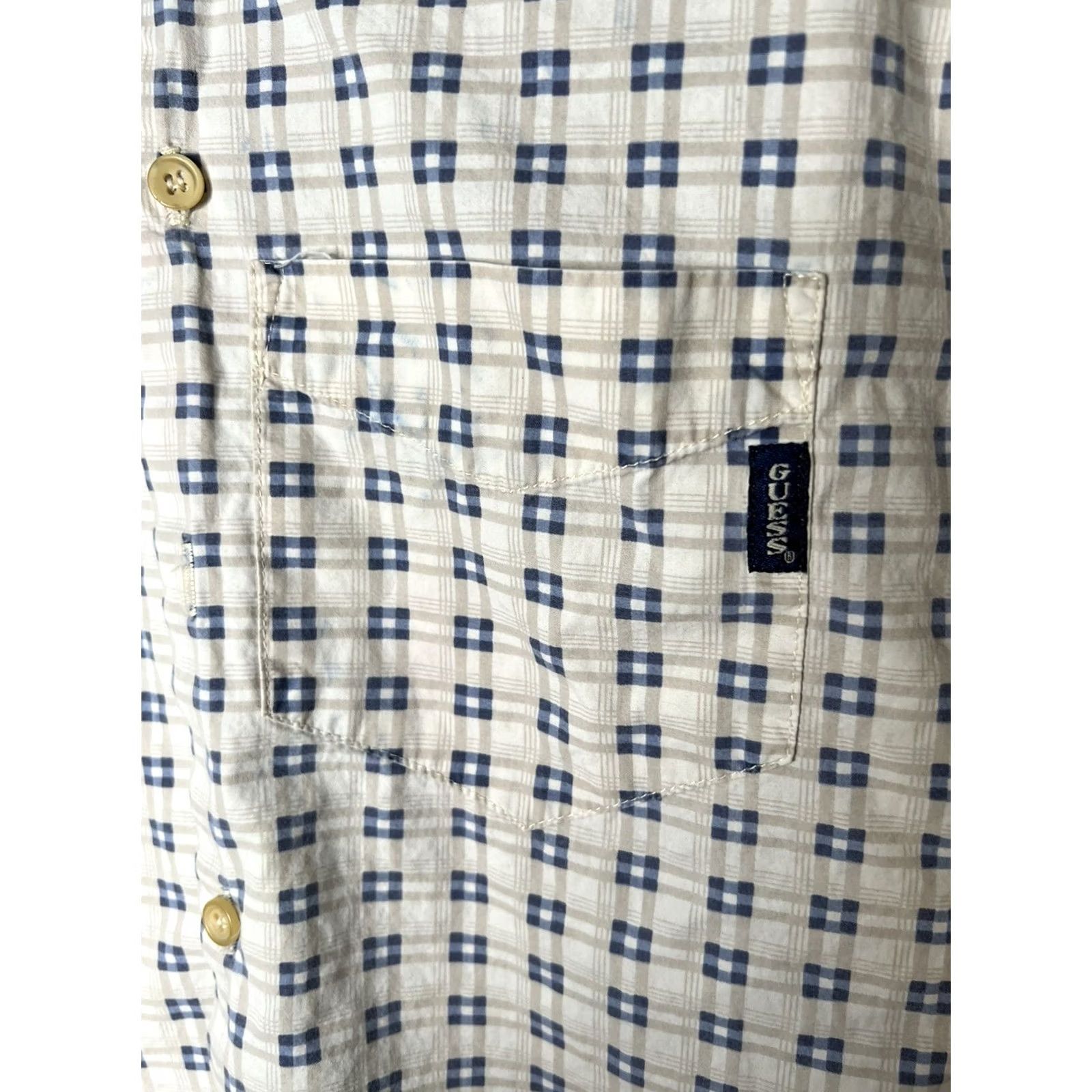 Guess VINTAGE GUESS Shirt Mens Small Beige Blue Grunge 90s Geometric Long Sleeve Button-Up Collared 90s Mens Size US S / EU 44-46 / 1 - 4 Thumbnail