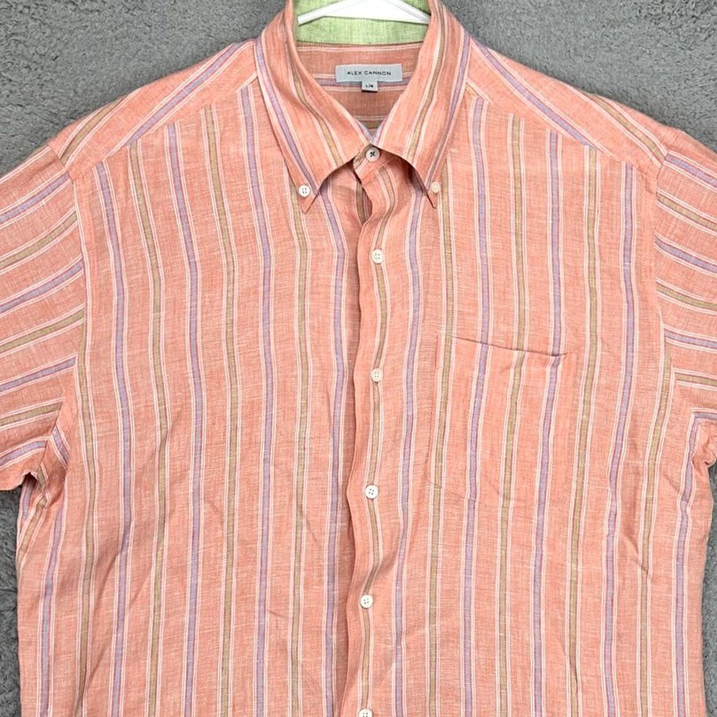 Canon Alex Cannon Shirt Adult Large Linen Button Down Striped Peach Mens Size US L / EU 52-54 / 3 - 4 Thumbnail
