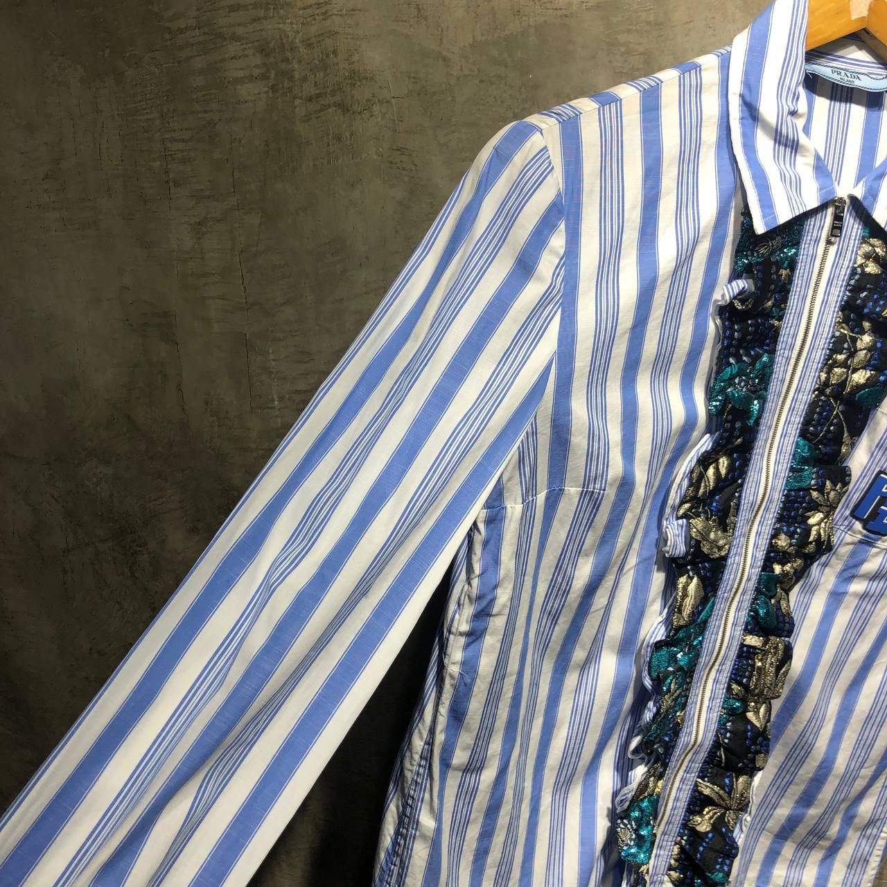 Prada Prada Striped Cotton Brocade Ruffle front shirt Size S / US 4 / IT 40 - 6 Thumbnail