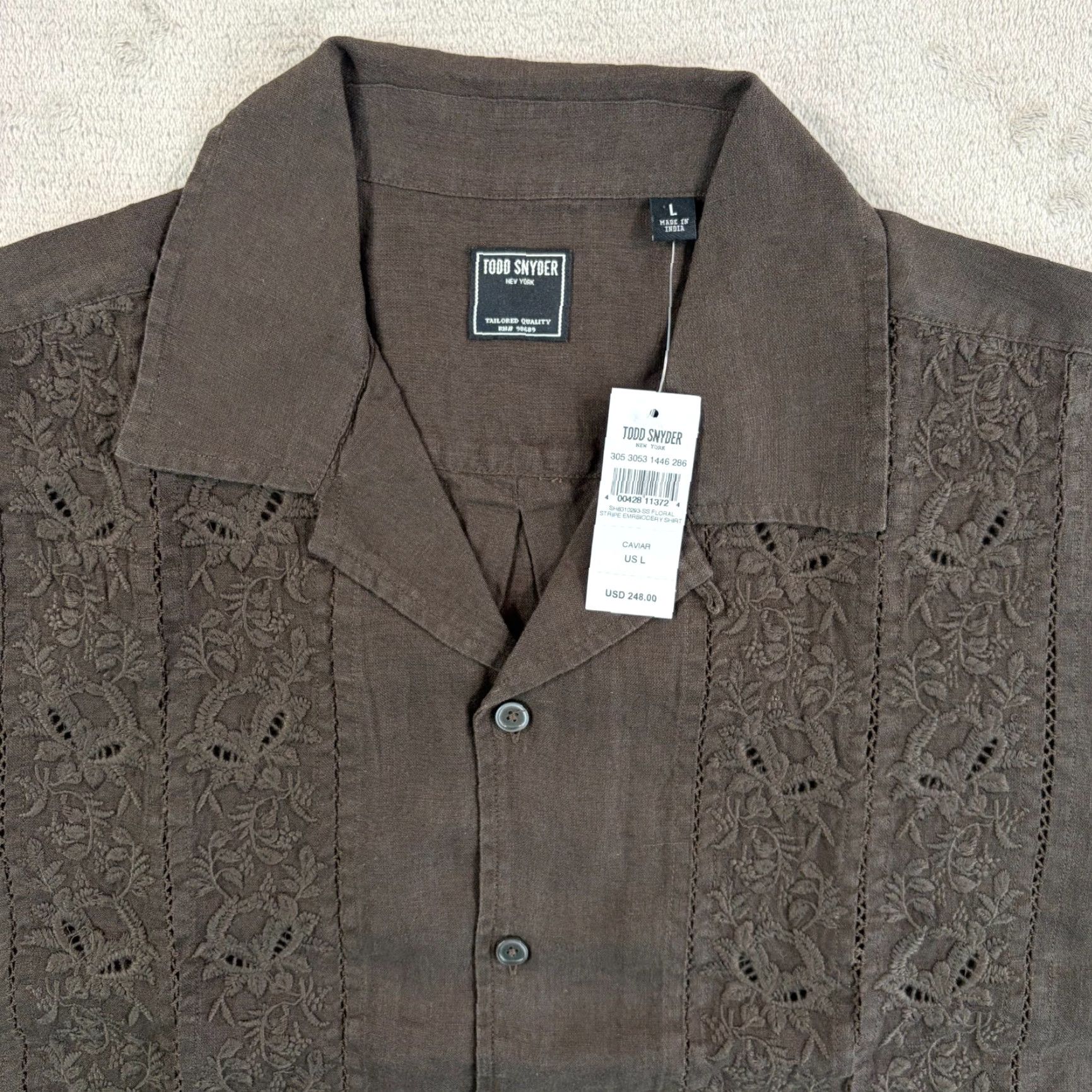 Todd Snyder Todd Snyder Cropped Embroidered Linen Camp Collar Shirt in Caviar Large NWT Size US L / EU 52-54 / 3 - 3 Thumbnail