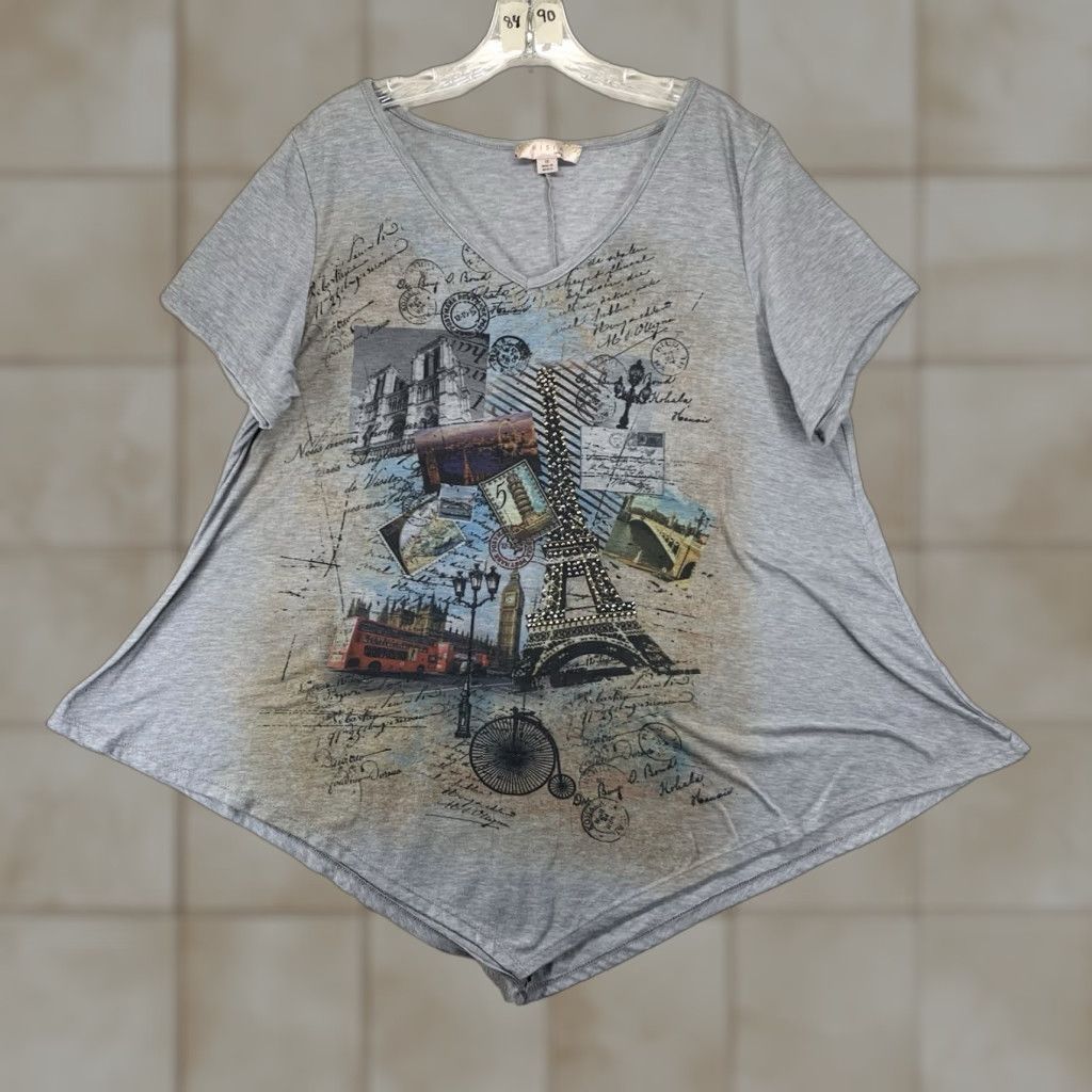 Vintage Misia Tunic Shirt 1X Plus Gray Paris Eiffel Tower Rhinestone Geometric 90s Holiday Travel V-Neck Cap Sleeve Pullover Relaxed Size XL / US 12-14 / IT 48-50 - 1 Thumbnail