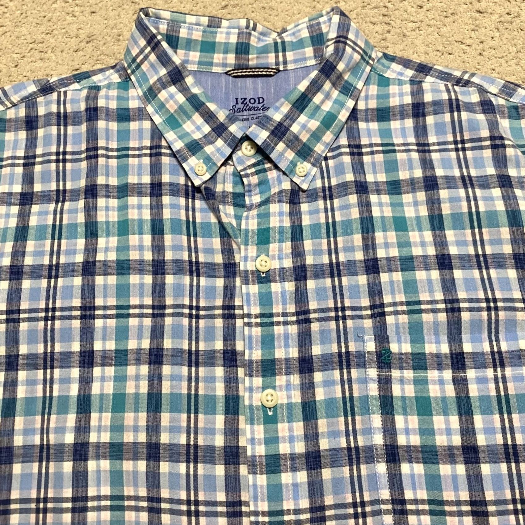 Izod IZOD Saltwater Mens XL Shirt Blue Plaid Button-Down Short Sleeve 100% Cotton Size US XL / EU 56 / 4 - 6 Thumbnail