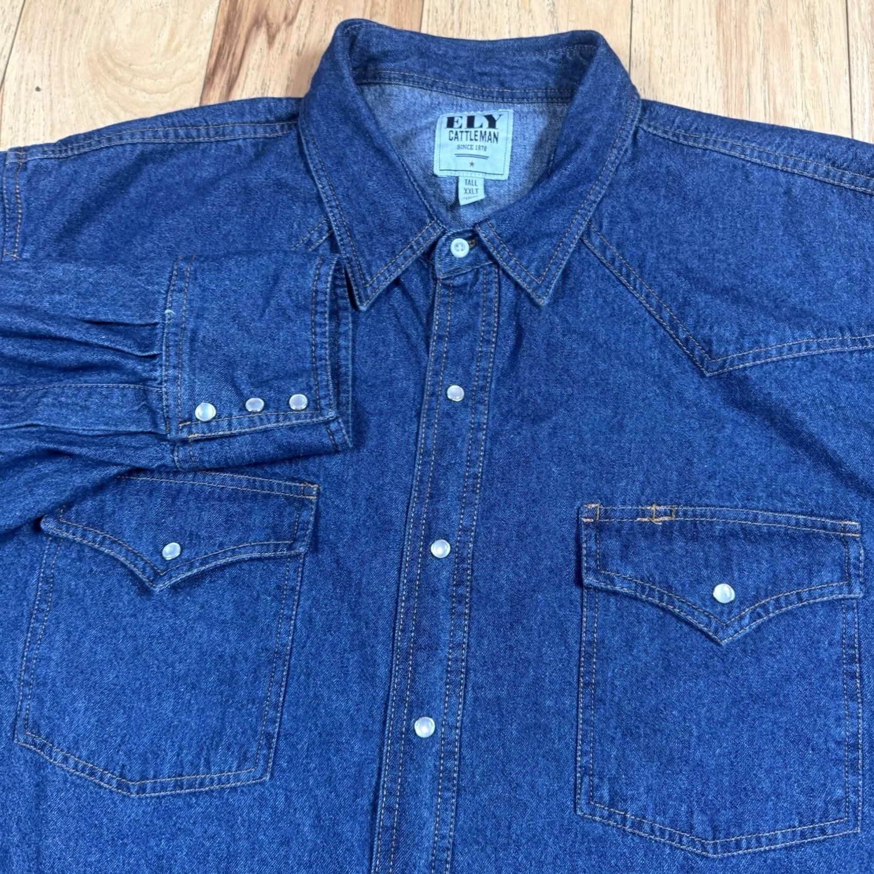 Vintage VINTAGE Ely Cattleman Shirt Denim Western Button-Up 2XLT Mes Mens Big & Tall Blue Pearl Snap Shirt Size US XXL / EU 58 / 5 - 4 Thumbnail