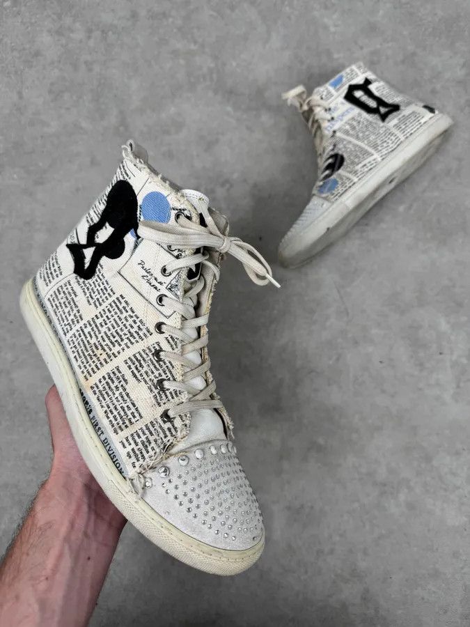 John Galliano 2004 John Galliano White Canvas Newspaper Studded High Sneakers Size US 9 / IT 39 - 1 Thumbnail