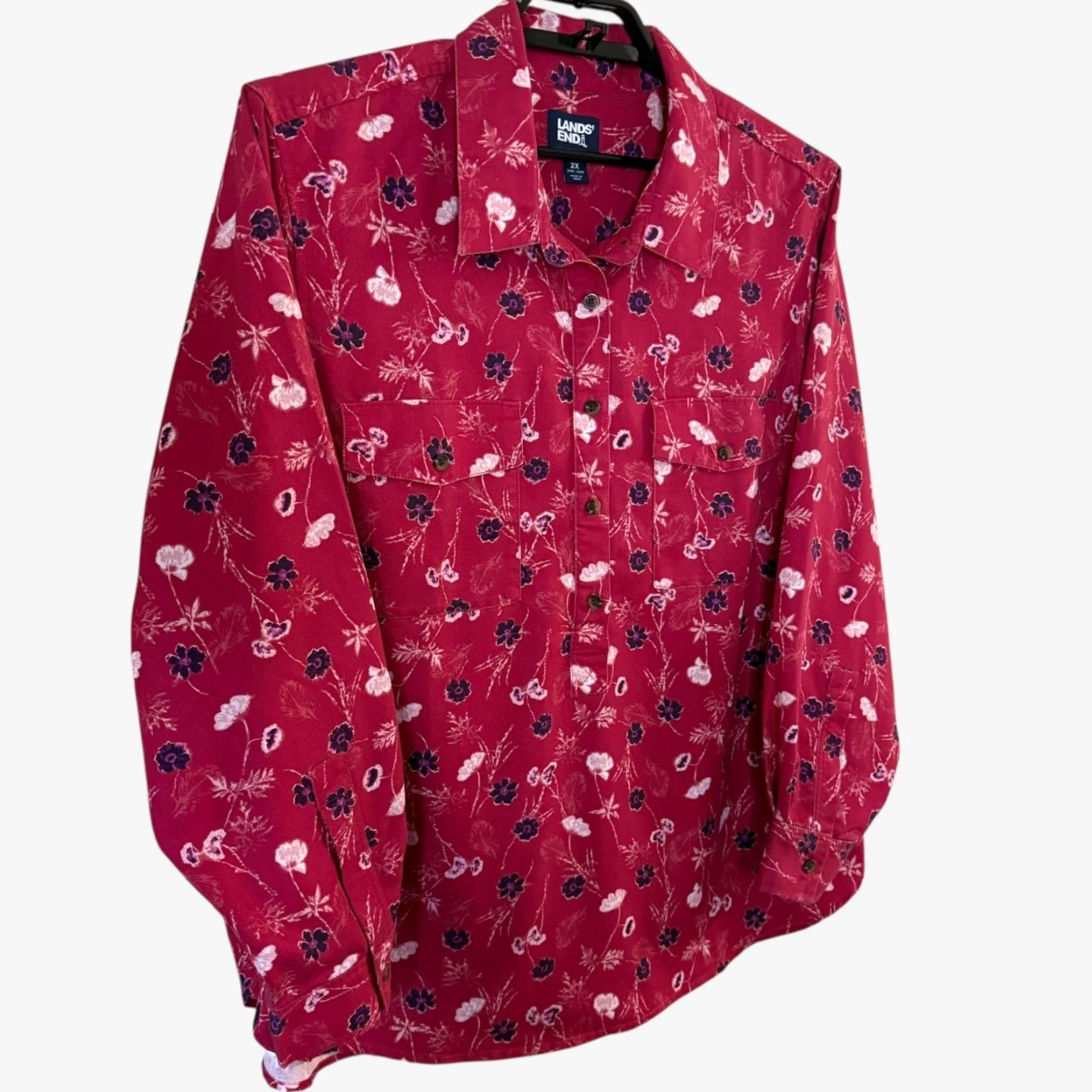 Lands' End Lands' End Tunic Shirt Red Women's 2X Sketch Floral Half-Button Popover Top Button-Up Shirt Women Plus Size Colorful Floral Classic Preppy All Seasons Size XXL / US 16-18 / IT 52-54 - 3 Thumbnail