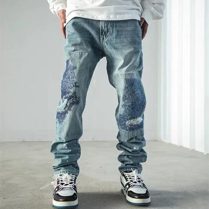 Vintage Patch Embroidery Ripped Stacked Jeans Size US 32 / EU 48 - 1 Thumbnail